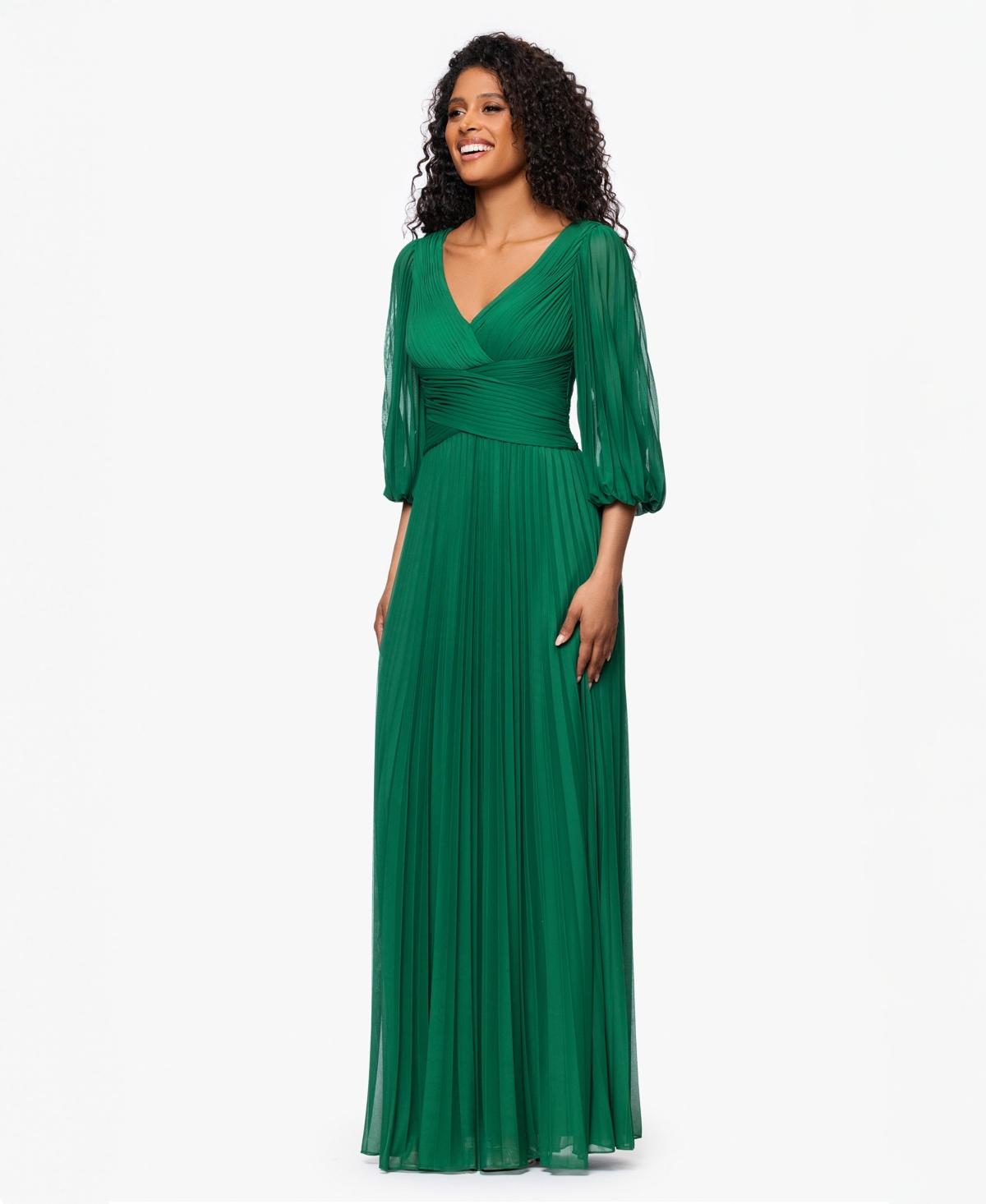 Betsy & Adam Pleated Balloon-sleeve Long Dress in Green | Lyst Betsy & Adam Pleated Balloon-sleeve Long Dress in Green | Lyst