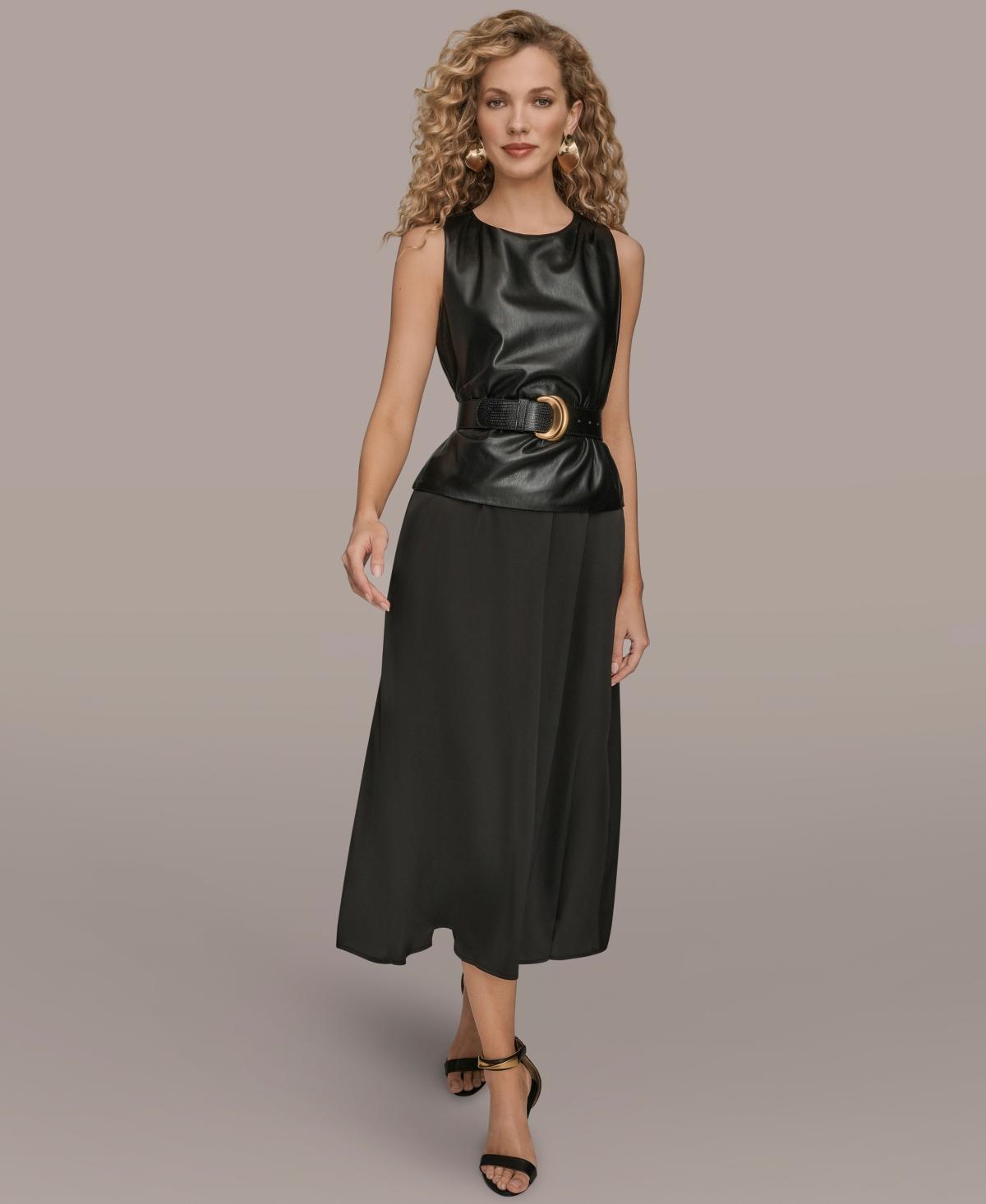 Donna Karan Sleeveless Mixed Media Belted Midi Dress in Black | Lyst