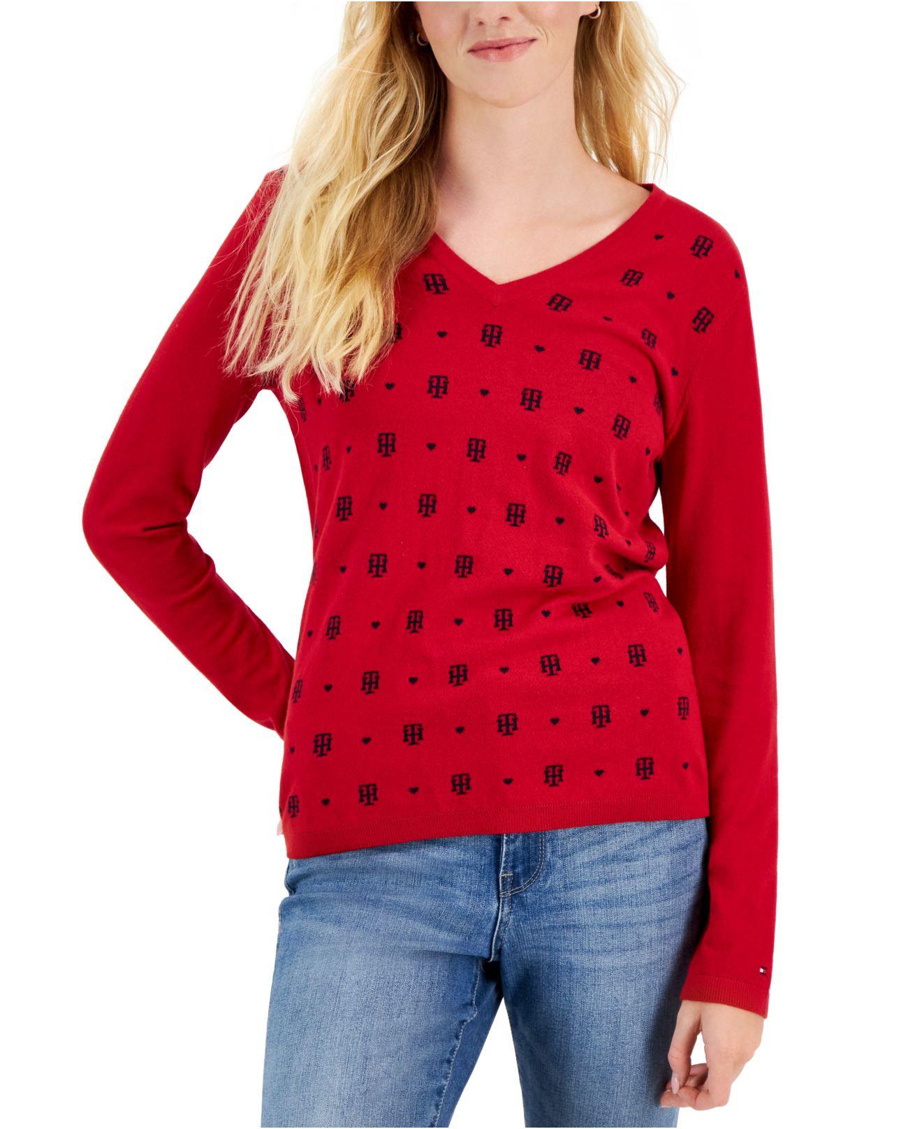 Tommy Hilfiger Cotton Logo-print V-neck Sweater in Red | Lyst