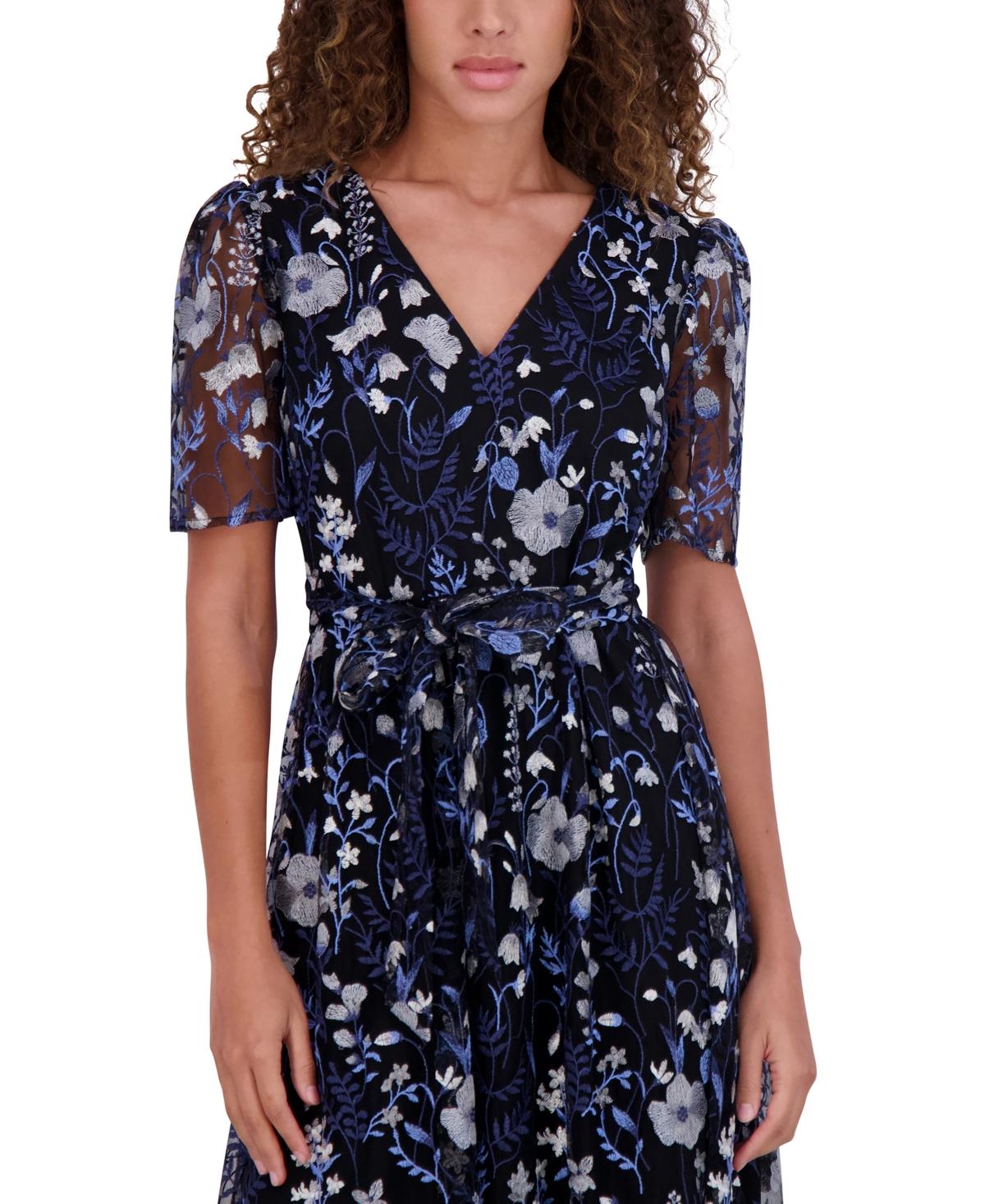 sachin and babi light blue dress Livia Jolie by Le Bos Short Sleeve Illusion Crew Neck 3D Mesh Floral Embroidered Mesh Maxi Mother of The Bride Dress, Womens, 14, Blue Tone main image 0