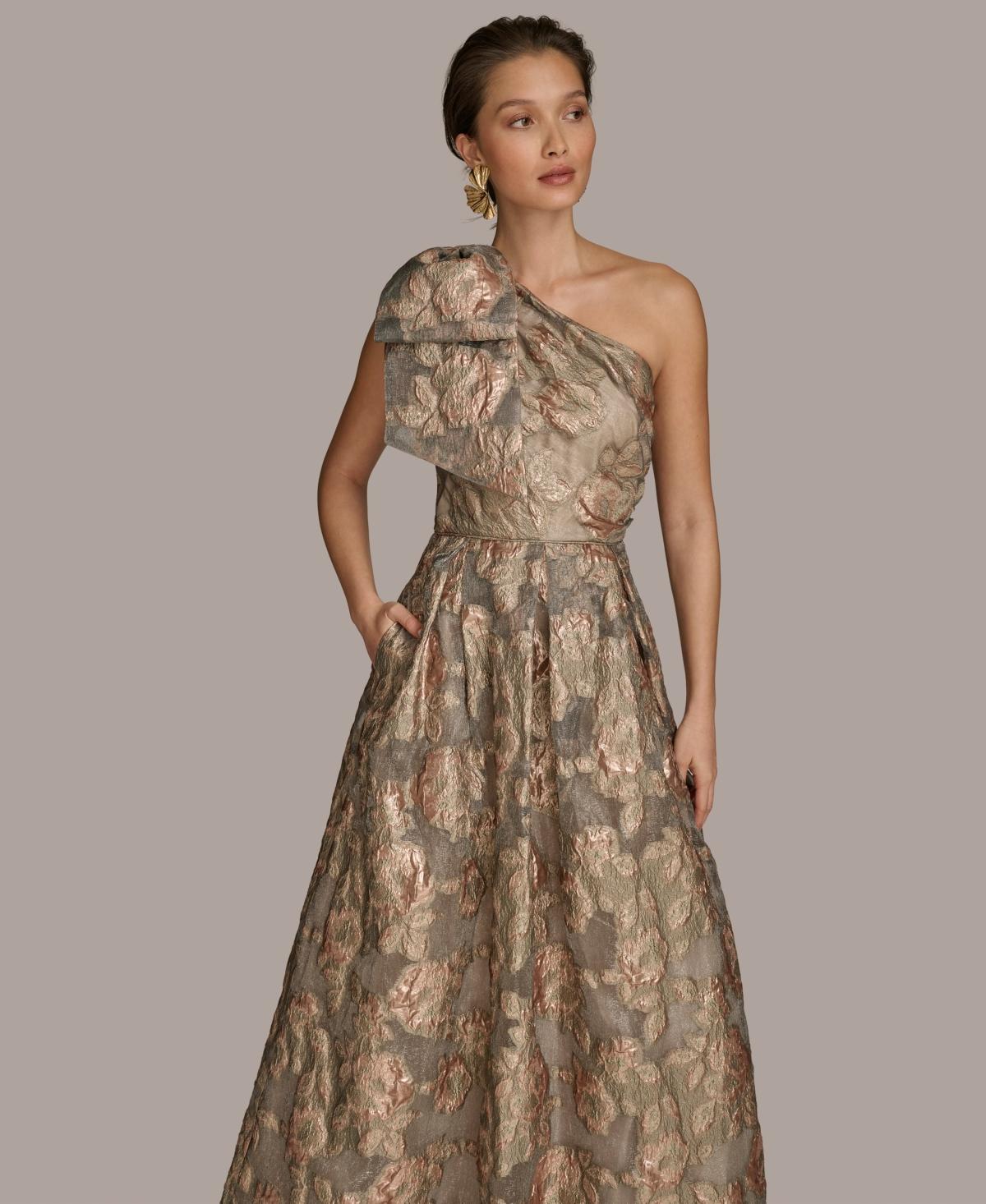 Donna Karan アシンメトリーワンピース Donna Karan Metallic Jacquard One-shoulder Bow Floral Ball