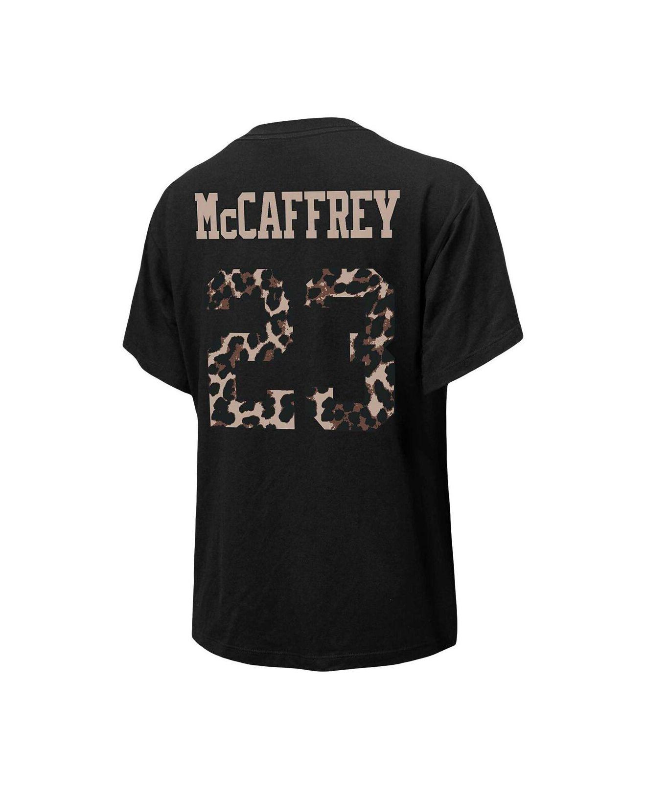 Women's Majestic Threads Christian McCaffrey Scarlet San Francisco 49ers Name & Number Off-Shoulder Script Cropped Long Sleeve V-Neck T-Shirt