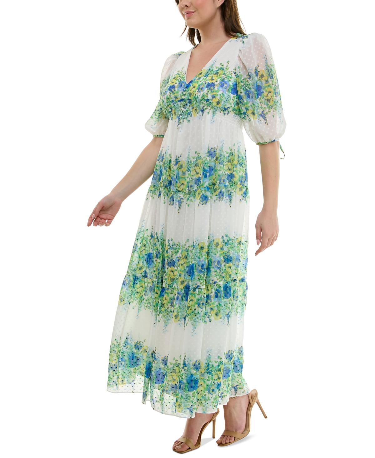macy's green floral dress Macy Mini Pink/Red/Green / M like print adorns stretchy mesh knit with a crew neckline and a darted bodice Mac Duggal Women's Green Semi-Formal