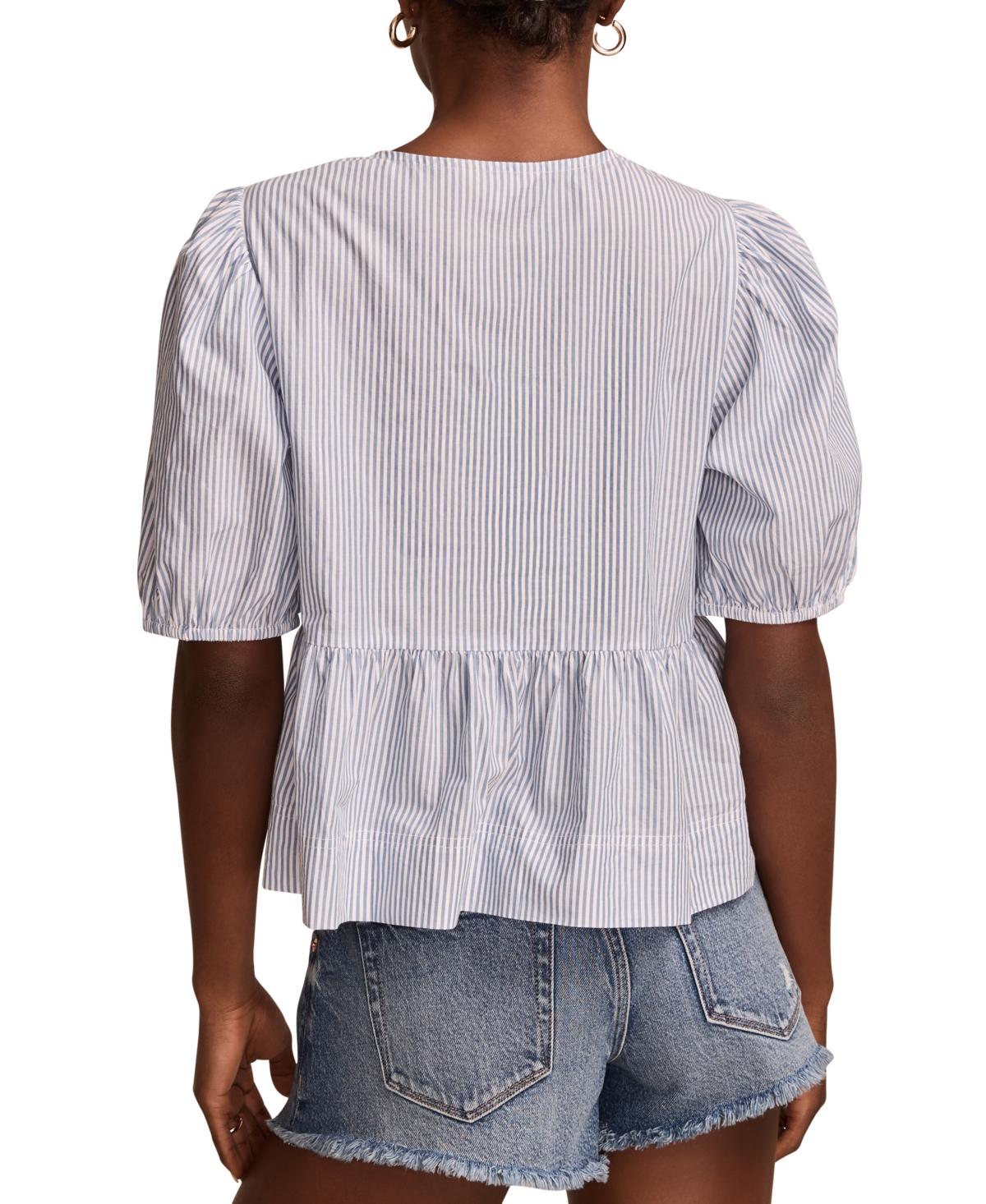 売れ筋商品|||ラッキーブランド カットソー トップス レディース Women's Babydoll Flyaway Cotton Tie-Front Top Blue Stripe Lucky Brand Babydoll Flyaway Cotton Tie-front Top in Gray | Lyst