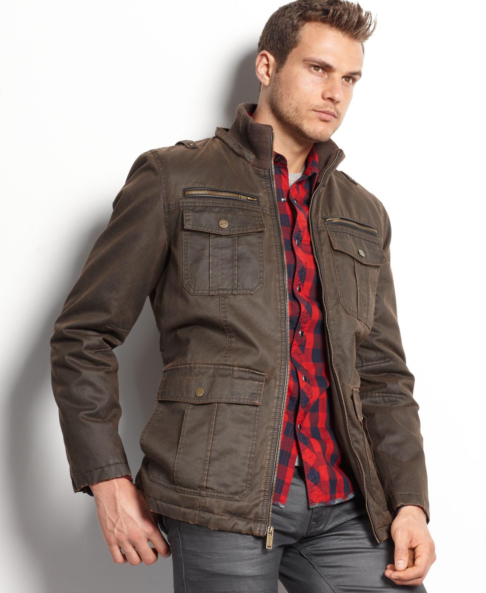 Guess Coat, Antique-finish Hooded Jacket in Brown for Men - Lyst