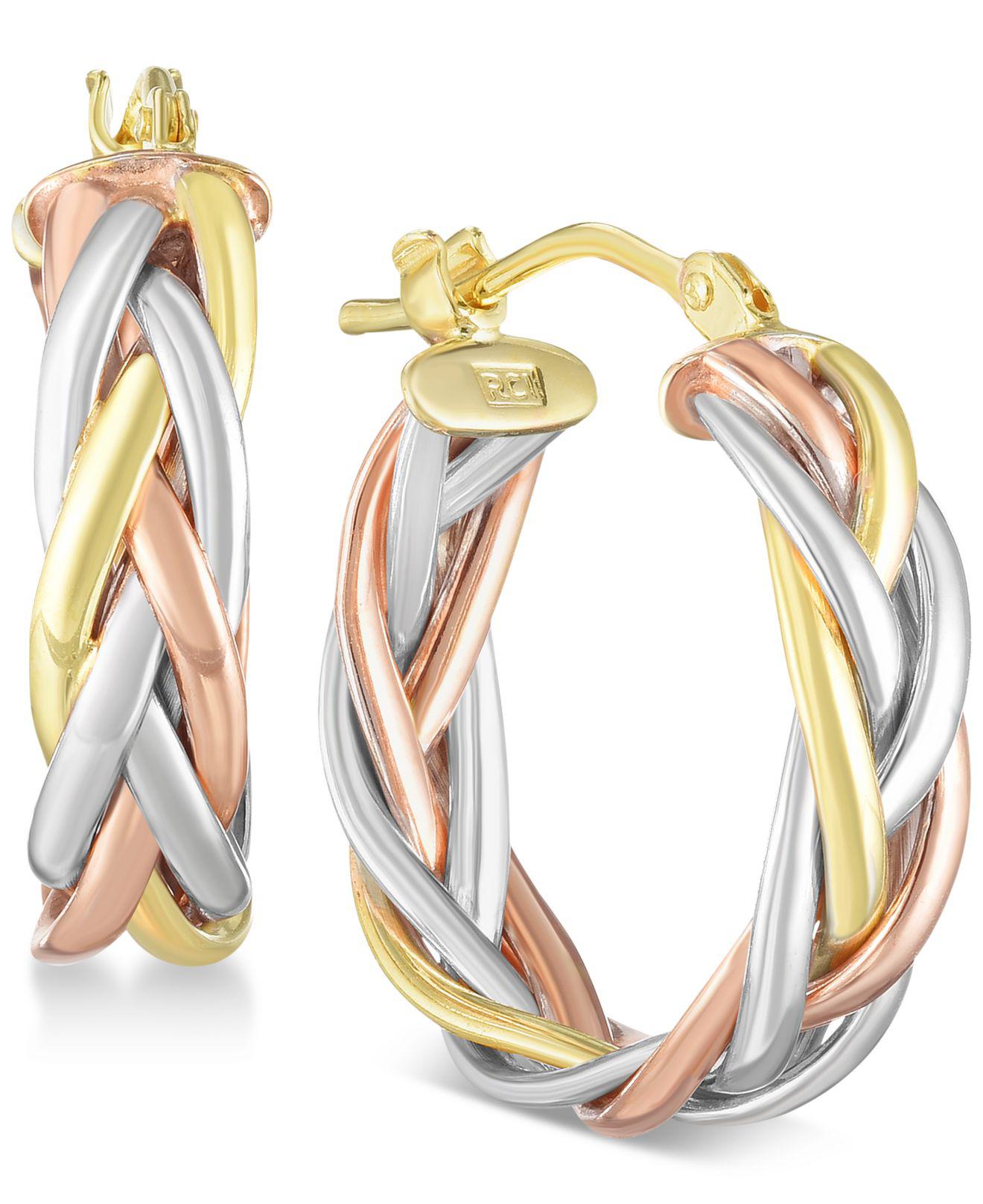 Macy's Tricolor Braided Hoop Earrings In 14k Gold, White Gold 
