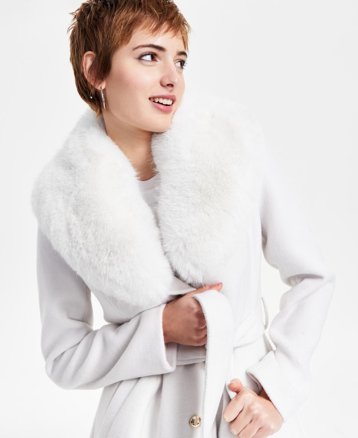 Guess Eve Faux-fur-collar Belted Coat in White Lyst