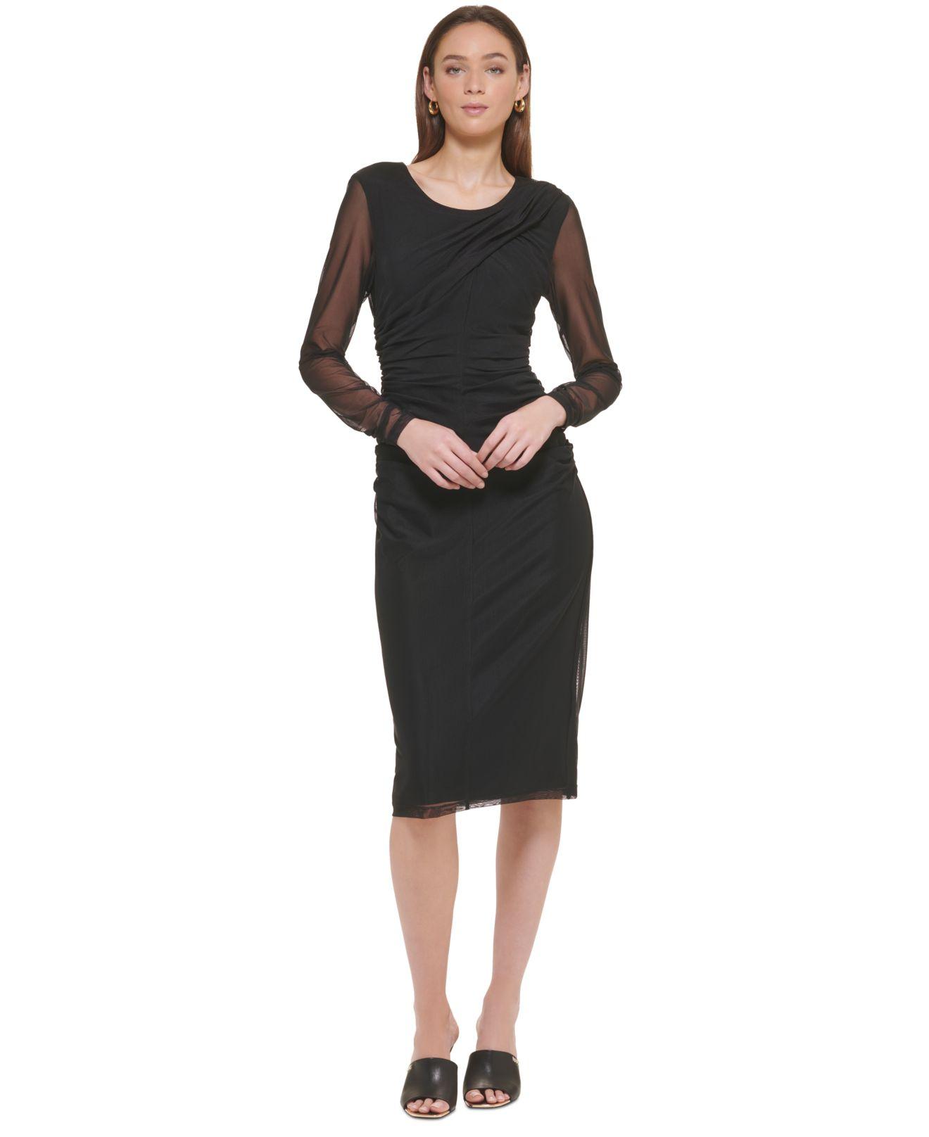 DKNY Crewneck Ruched Mesh Sheer-sleeve Midi Dress in Black | Lyst