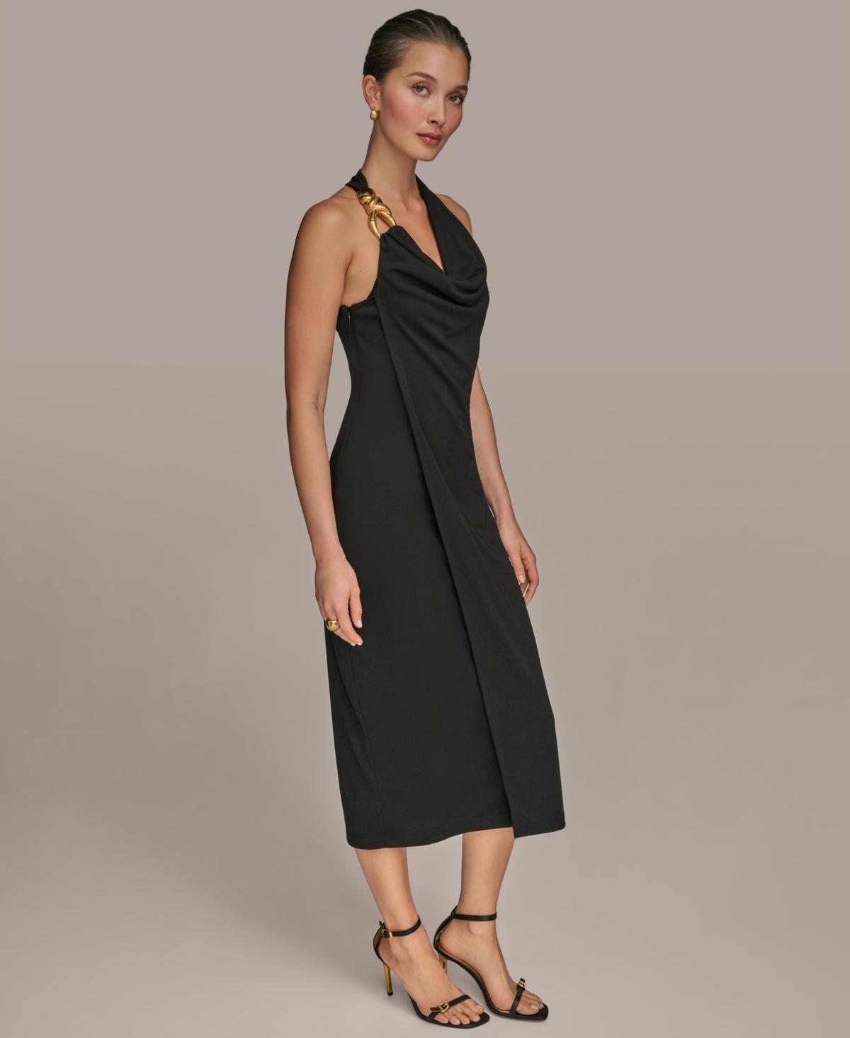 donna karan women's belted asymmetric midi dress Donna Karan Women's Long Sleeve Midi Asymmetric Sheath Dress in Black