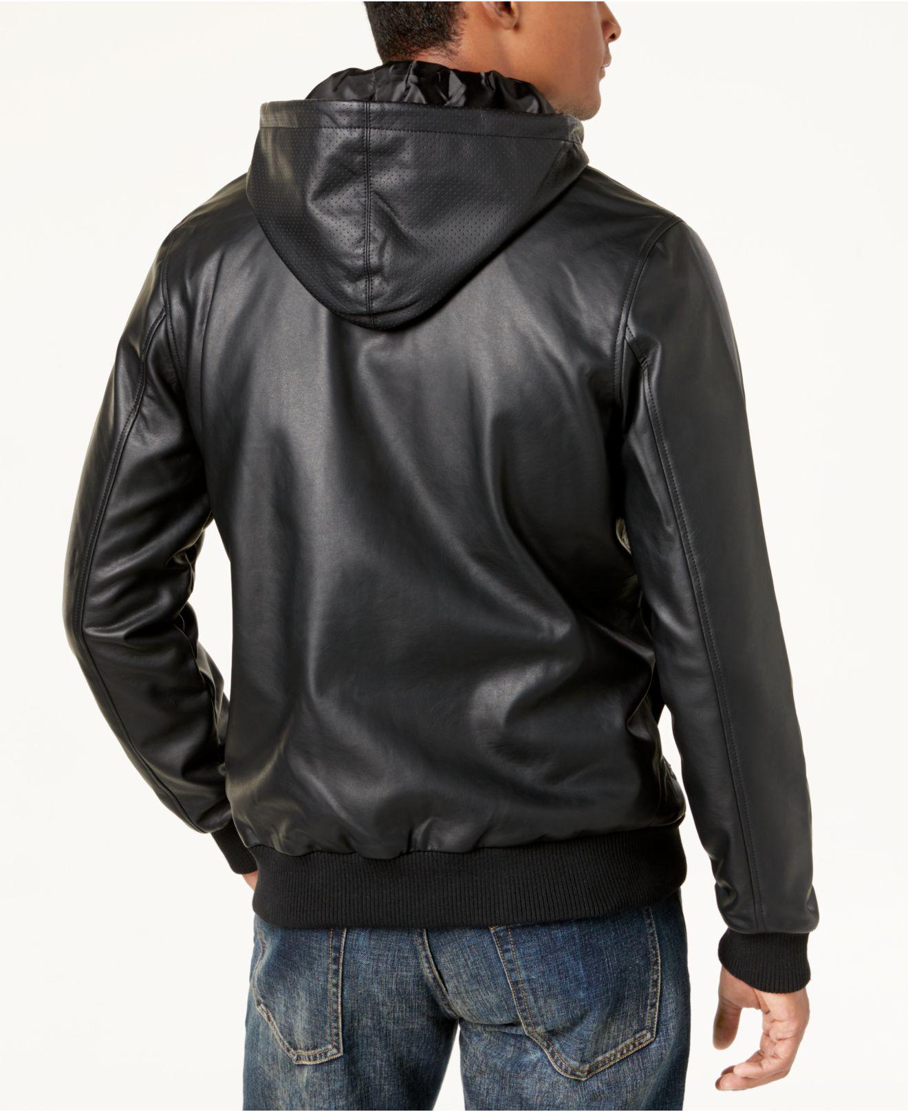 LRG Men's Faux-leather Hooded Bomber Jacket in Black for Men - Lyst