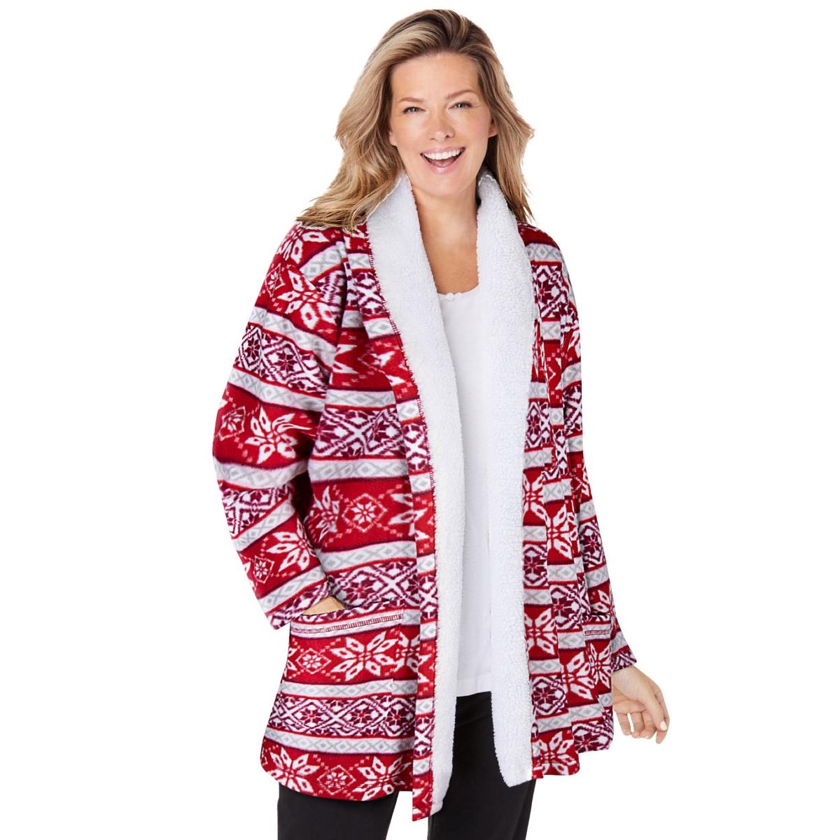 Dreams Co. Plus Size Sherpa Lined Collar Microfleece Bed Jacket in Red Lyst