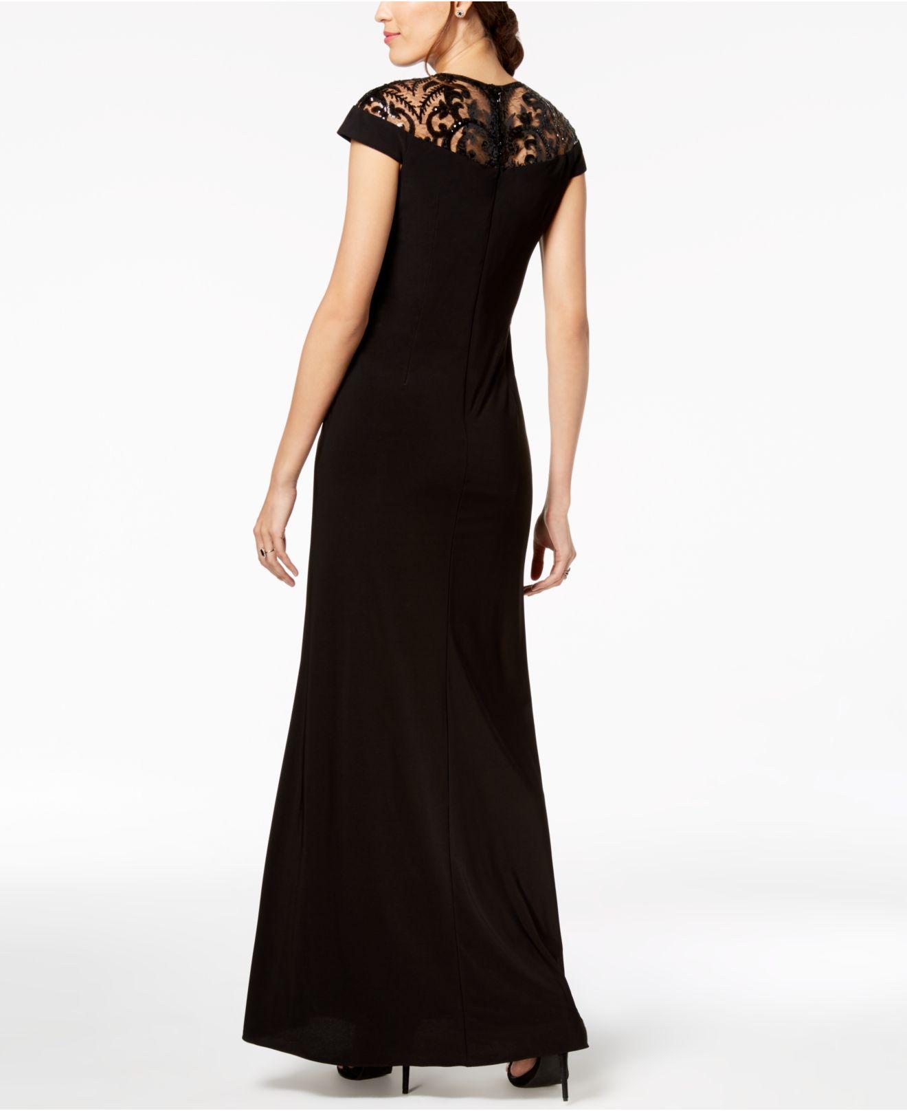 Adrianna Papell Papell Sequin Embellished Illusion-lace Gown in Black | Lyst