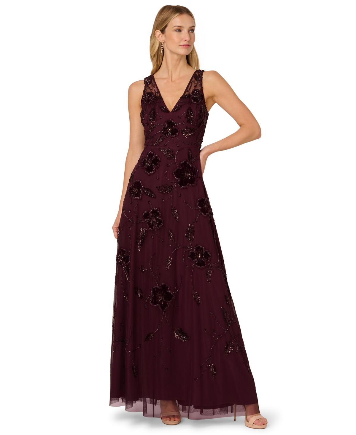 Adrianna Papell Bead Velvet Flower Long Dress in Red | Lyst