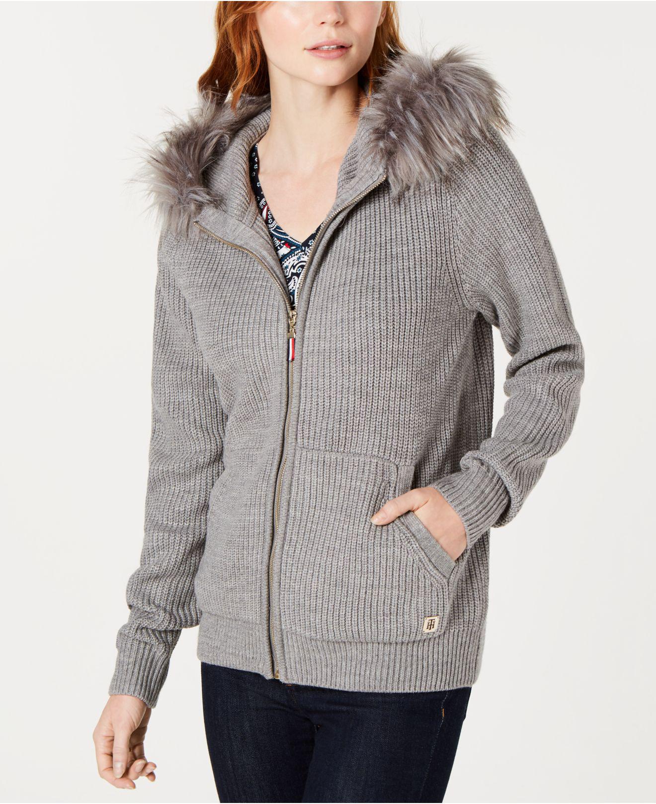 Tommy Hilfiger Faux-fur Hooded Sweater, Created For Macy's in Gray | Lyst