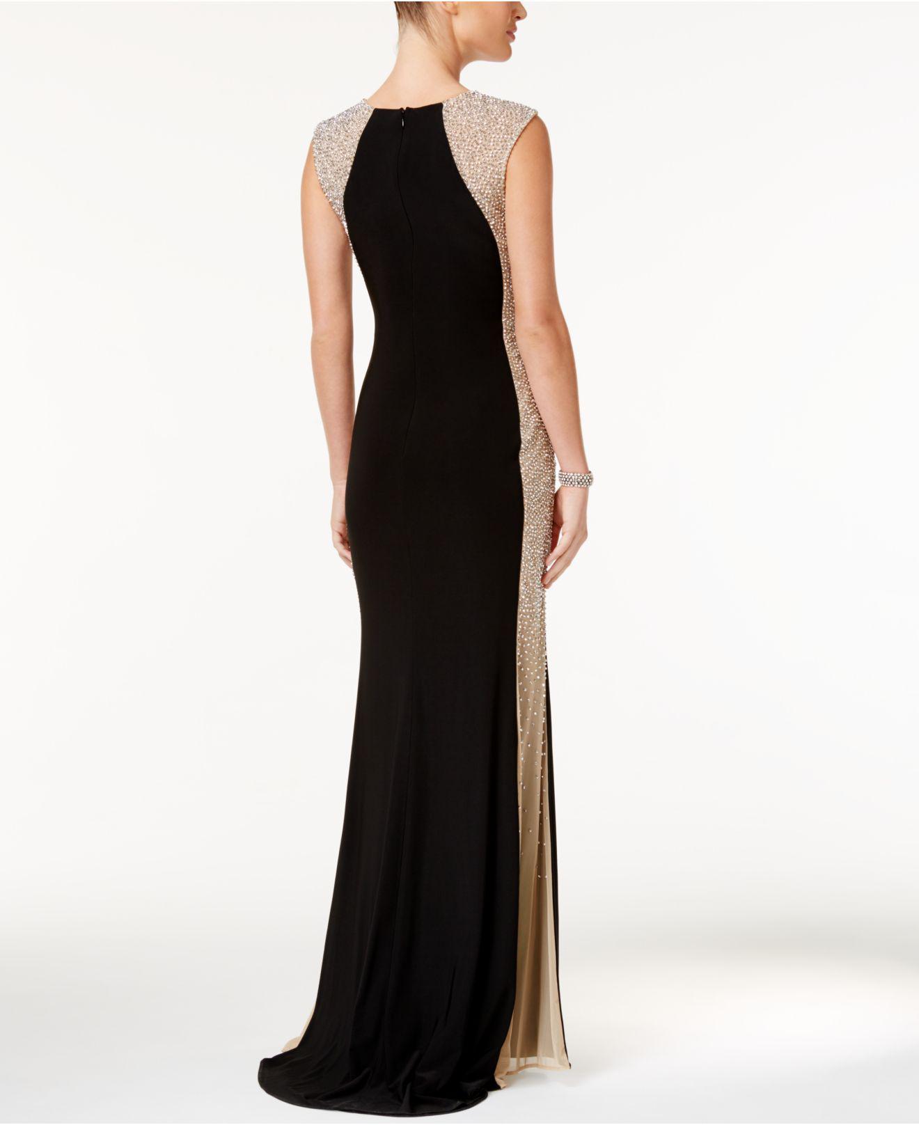 xscape caviar beaded illusion gown
