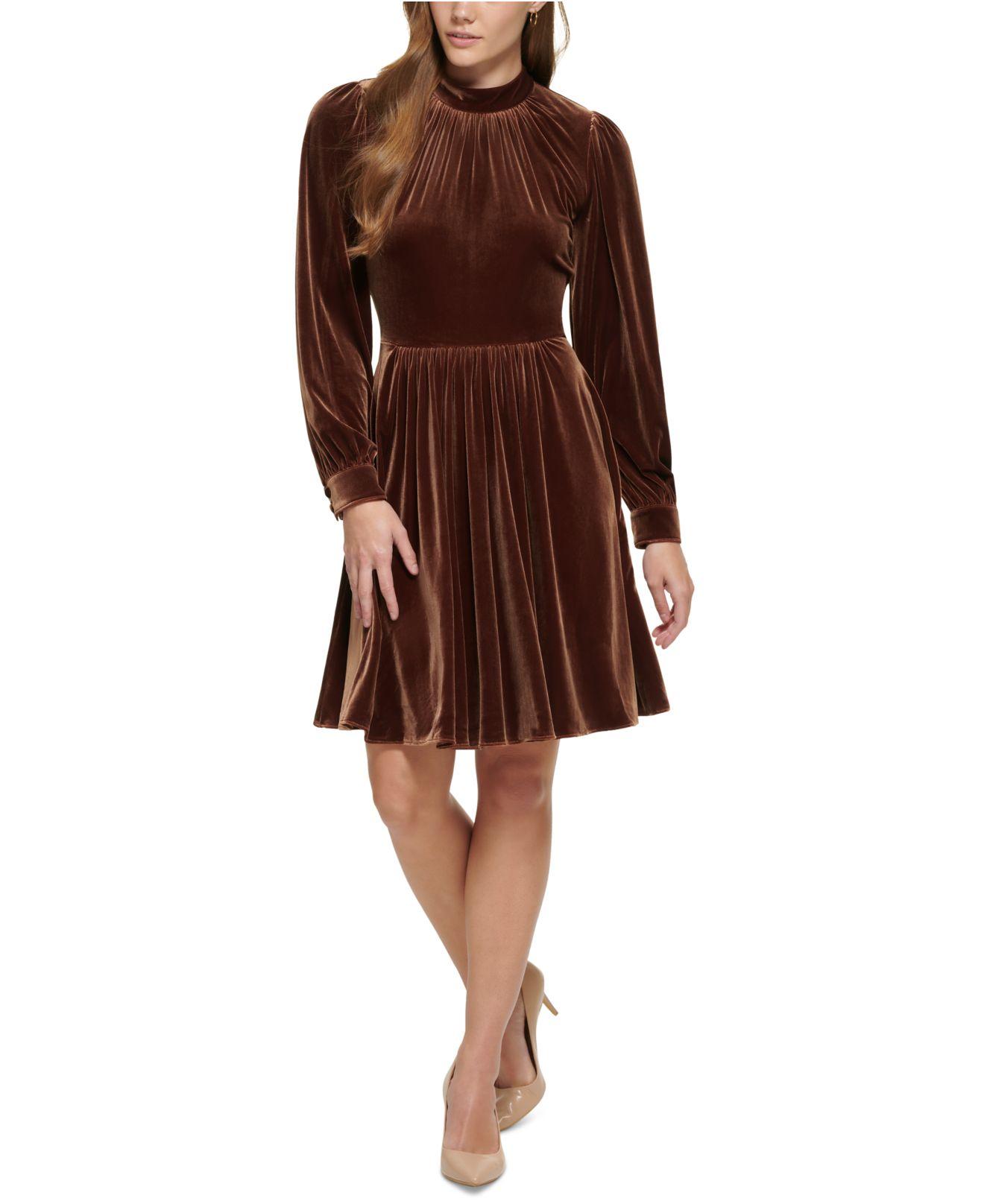 Calvin Klein Velvet Mockneck Fit & Flare Dress in Brown Lyst