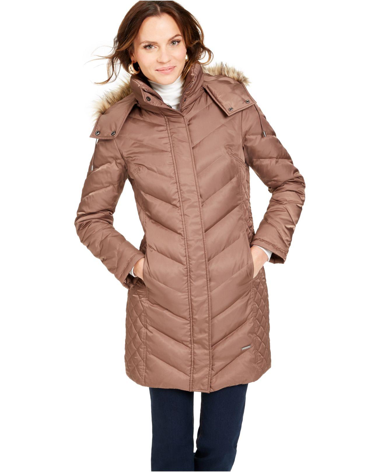 Kenneth Cole Faux-fur-trim Hooded Down Puffer Coat in Brown - Lyst