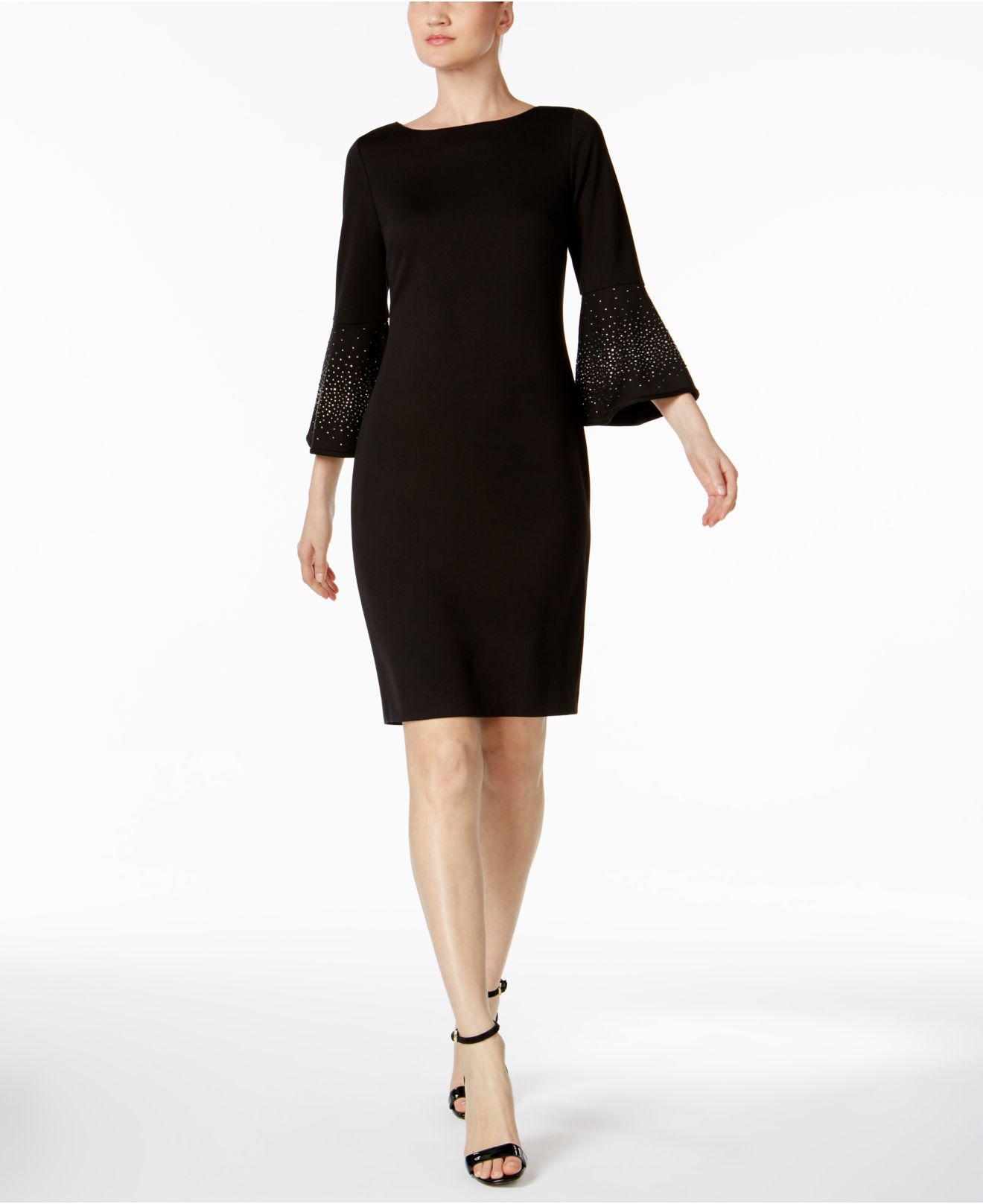 calvin klein embellished bell sleeve sheath dress