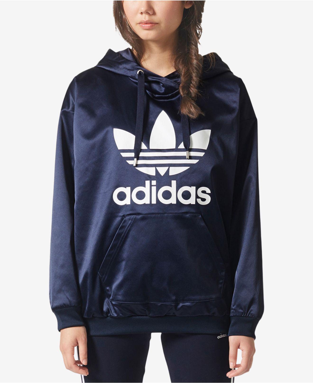 adidas Satin Trefoil Hoodie in Blue - Lyst