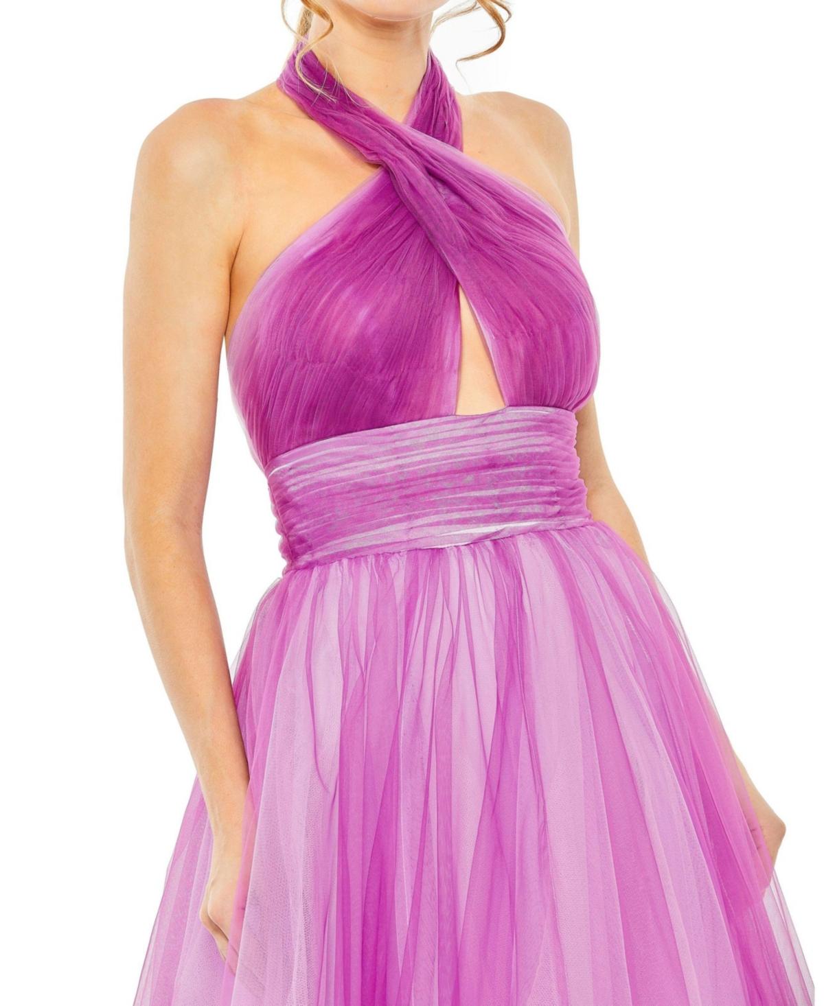 strapless open back dress Pink Ruffle Shoulder V Neck Ombre Tulle Ballgown main image 0
