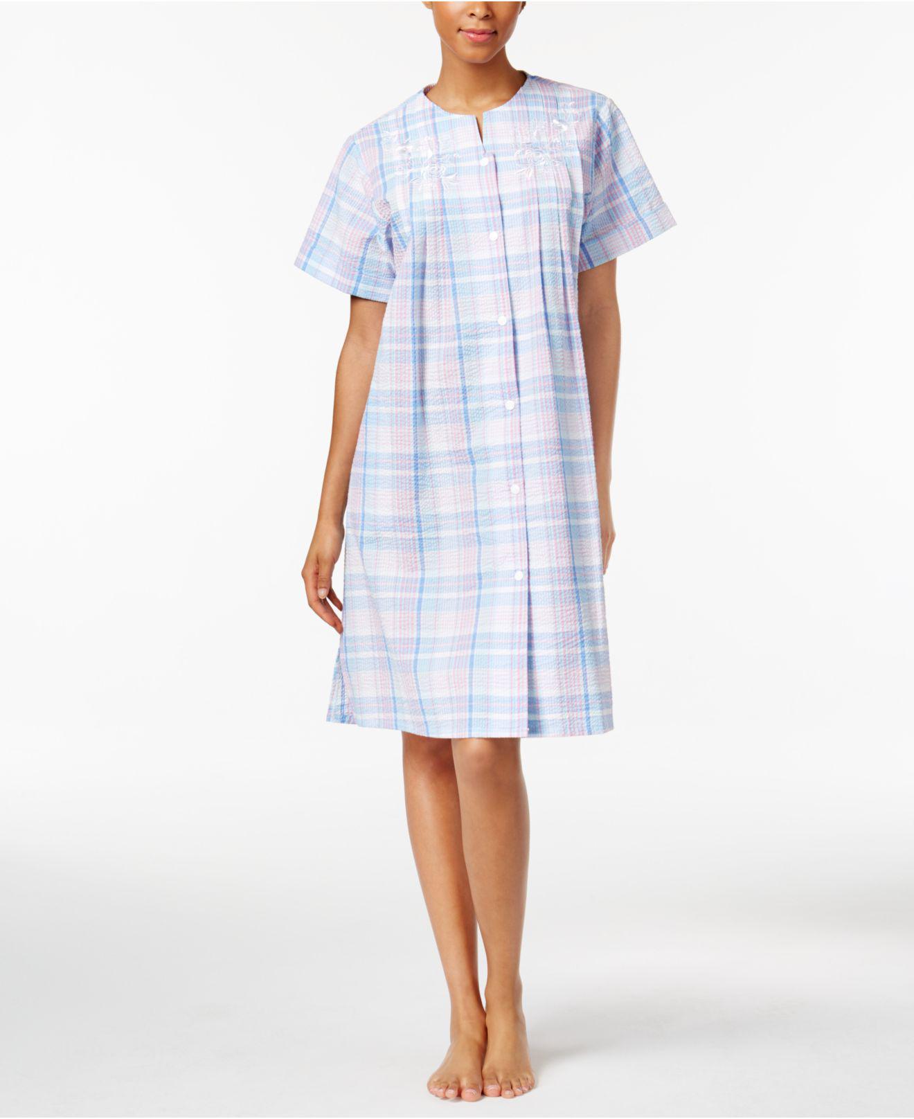 Miss Elaine Cotton Plaid Snap Front Robe In Blue Lyst