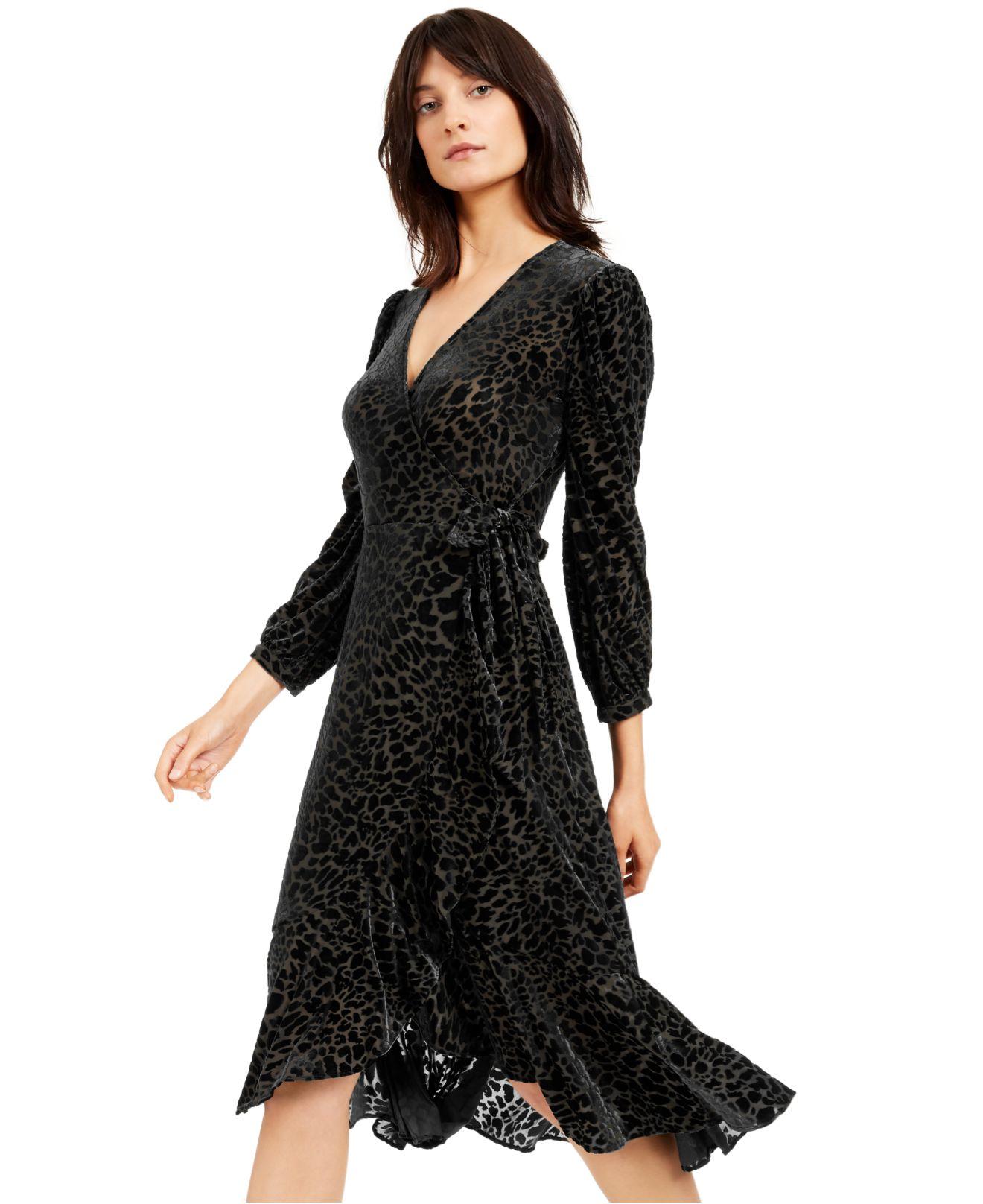 Calvin Klein Synthetic Burnout Velvet Animal-print Wrap Dress in Black -  Lyst