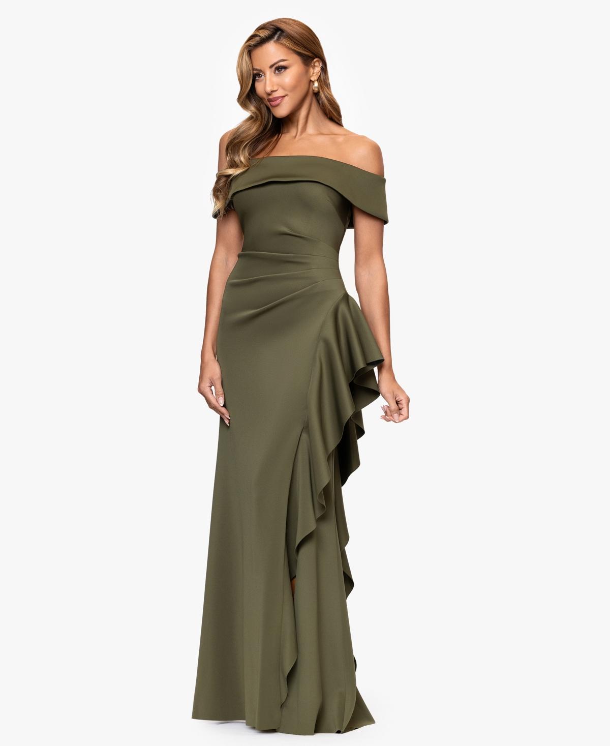 what coat to wear with formal dress XSCAPE Off-The-Shoulder Balloon-Sleeve Mermaid Gown MSRP $259 – DGFOutlet main image 1