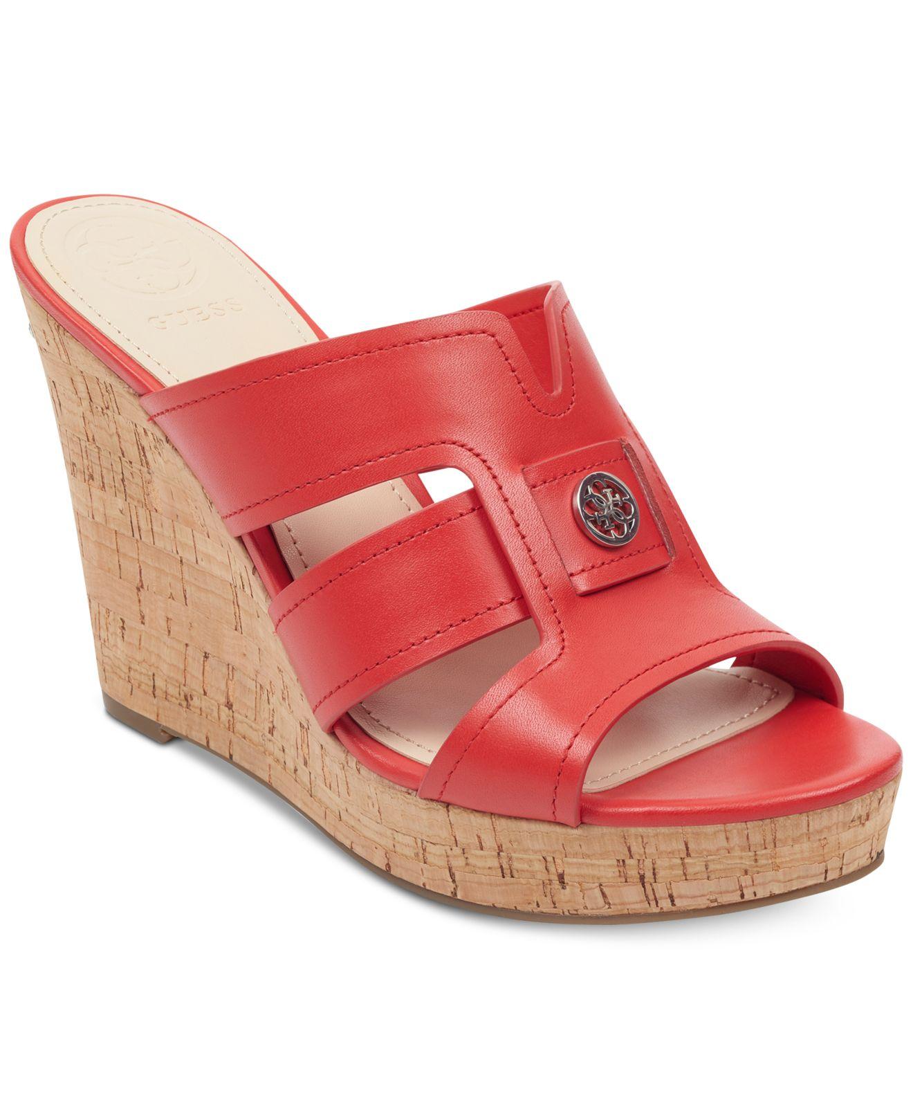 Guess Fur Eadra Wedge Slide Sandals in Red Lyst