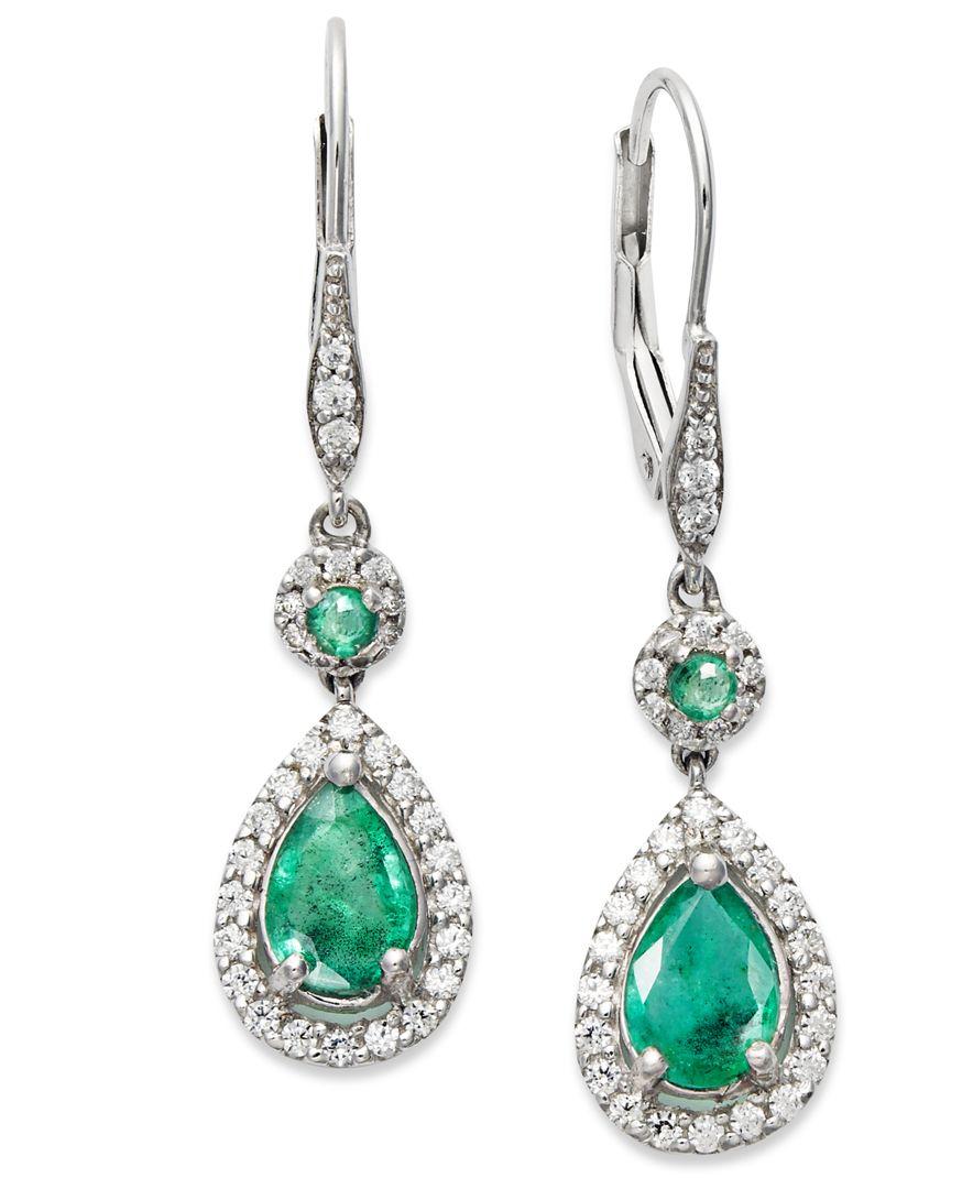 Macy's 14k White Gold Earrings, Emerald (13/8 Ct. T.w.) And Diamond (1