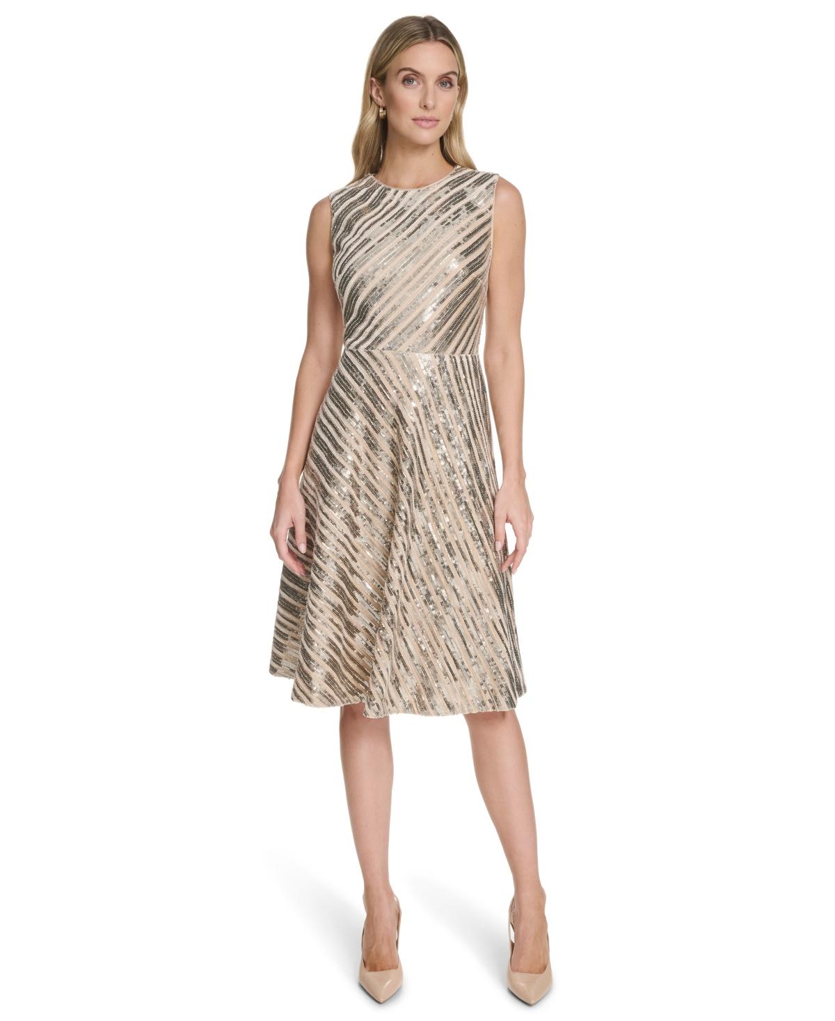 calvin klein champagne dress Calvin Klein Sequin Sleeveless Midi Dress in Natural