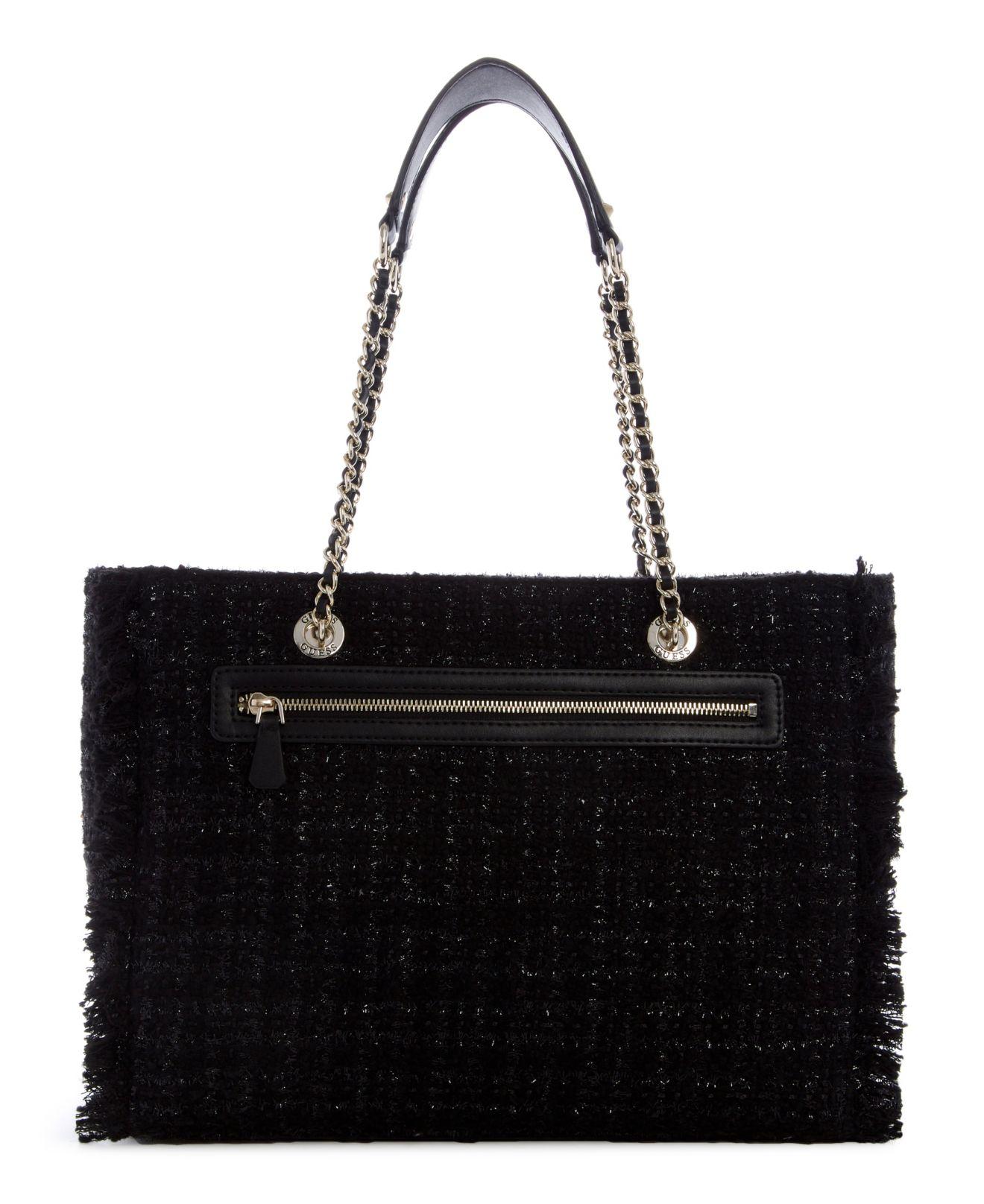 Guess Cessily Tweed Tote in Black | Lyst