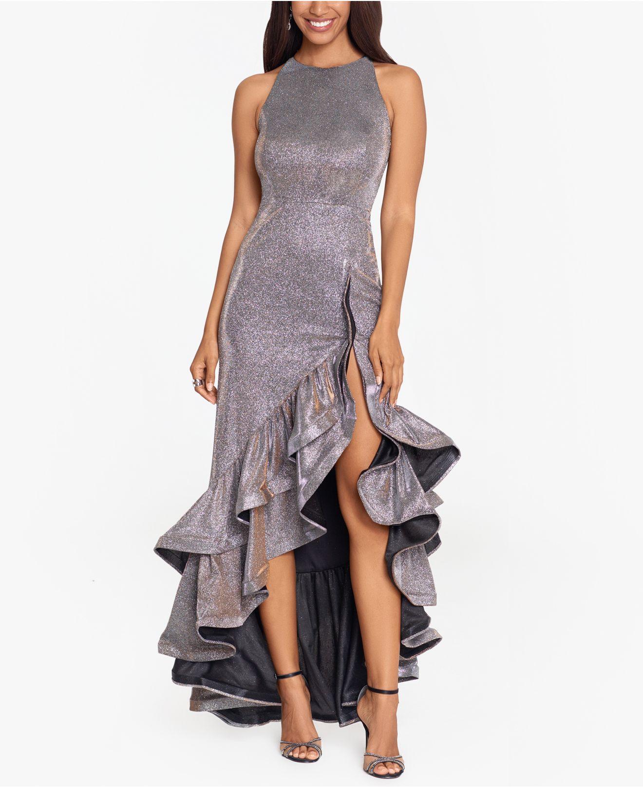 betsy & adam plus size galaxy glitter draped gown