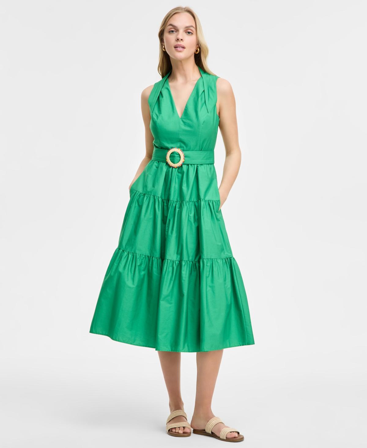 Vince Camuto Pleat-neck Cotton Sleeveless Dress in Green | Lyst