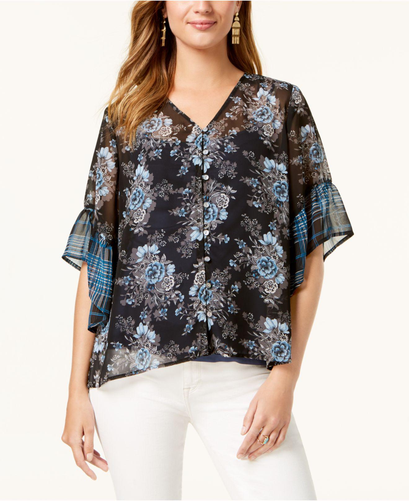 all over figure print button front blouse