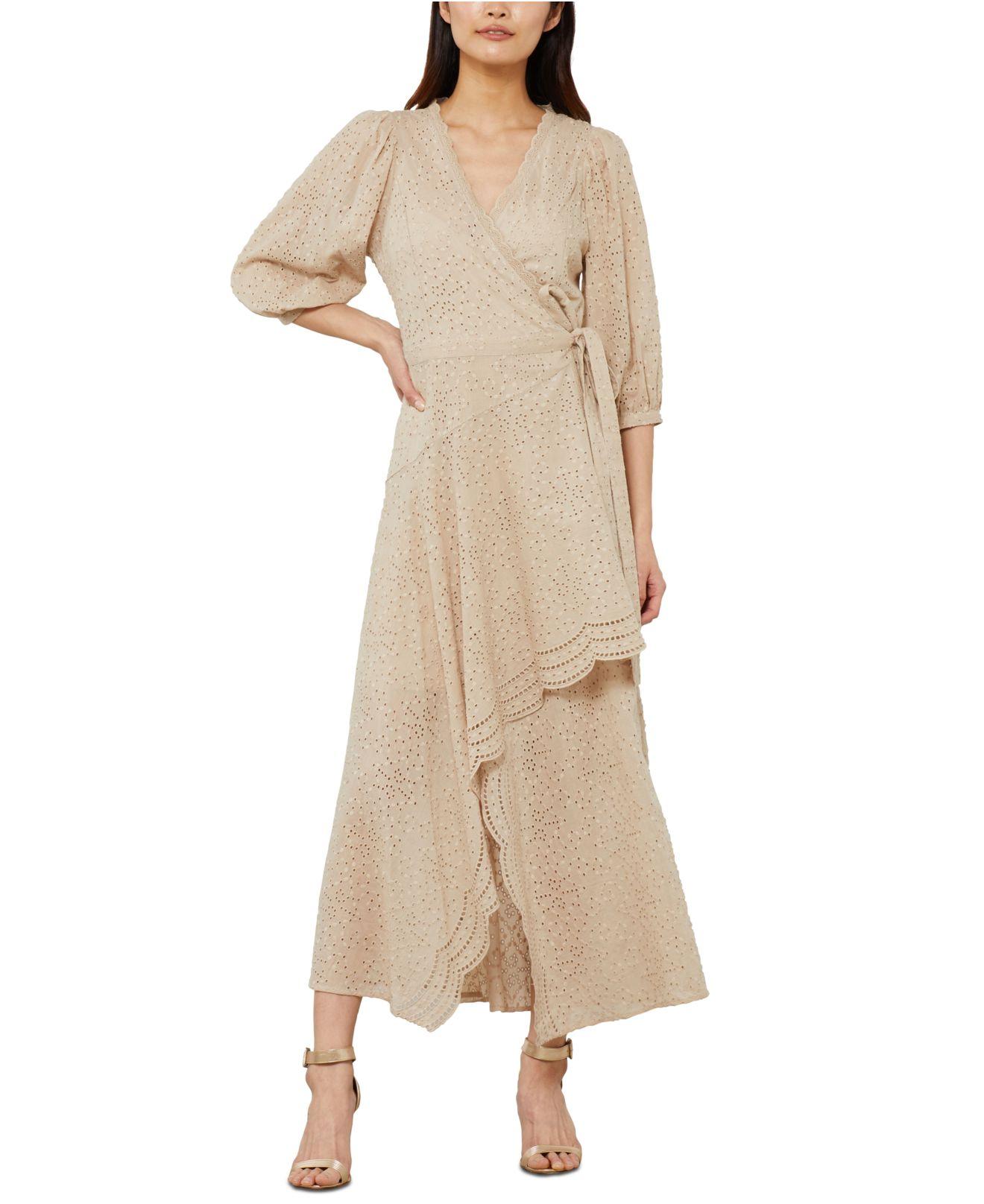 BCBGMAXAZRIA Eyelet Belted Maxi Wrap Dress in Natural | Lyst