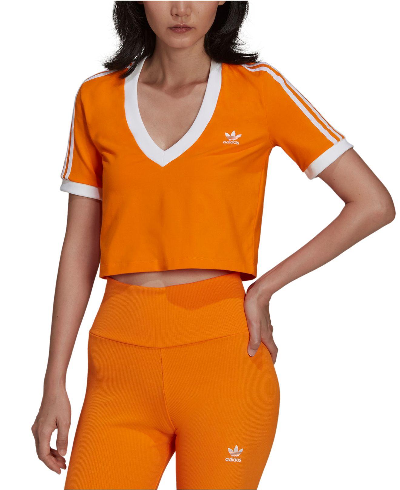 adidas V-neck Cropped T-shirt in Orange | Lyst