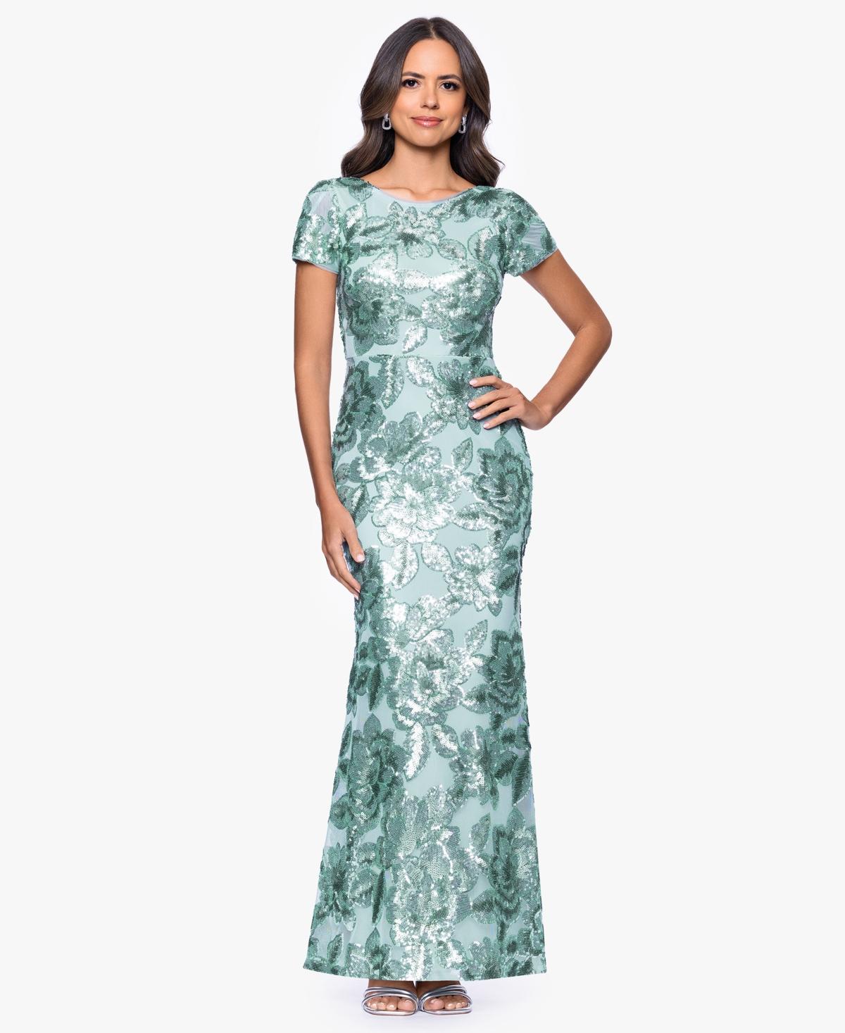 slim fit dress slacks Betsy & Adam Petite V-Neck Long-Sleeve A-Line Gown - Sage/Gold
