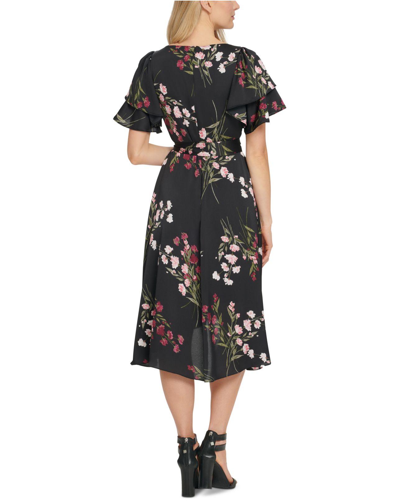 DKNY Synthetic Floral-print Faux-wrap Dress in Black Combo (Black) - Lyst