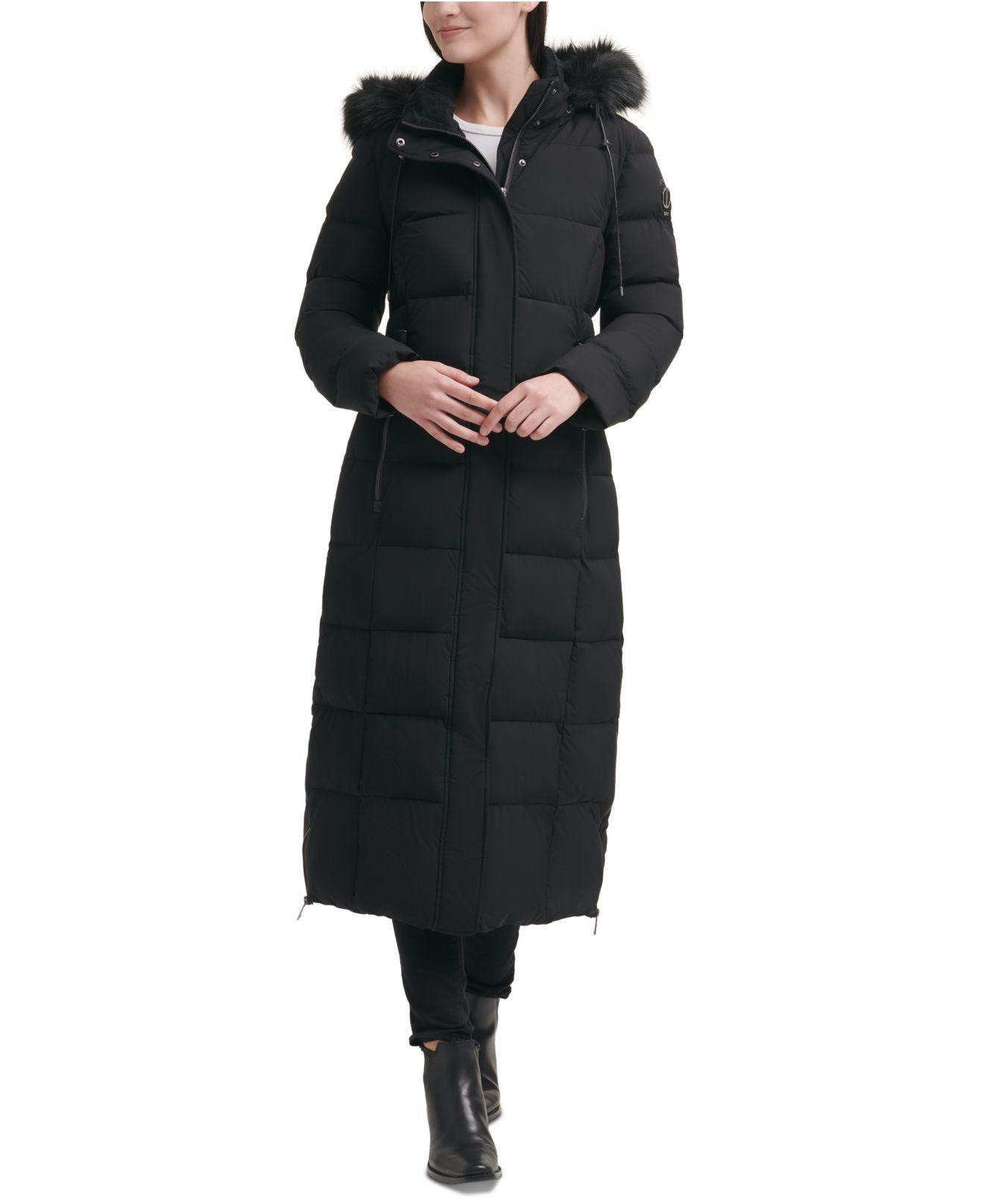 DKNY Stretch Faux-fur-trim Hooded Maxi Puffer Coat in Black | Lyst