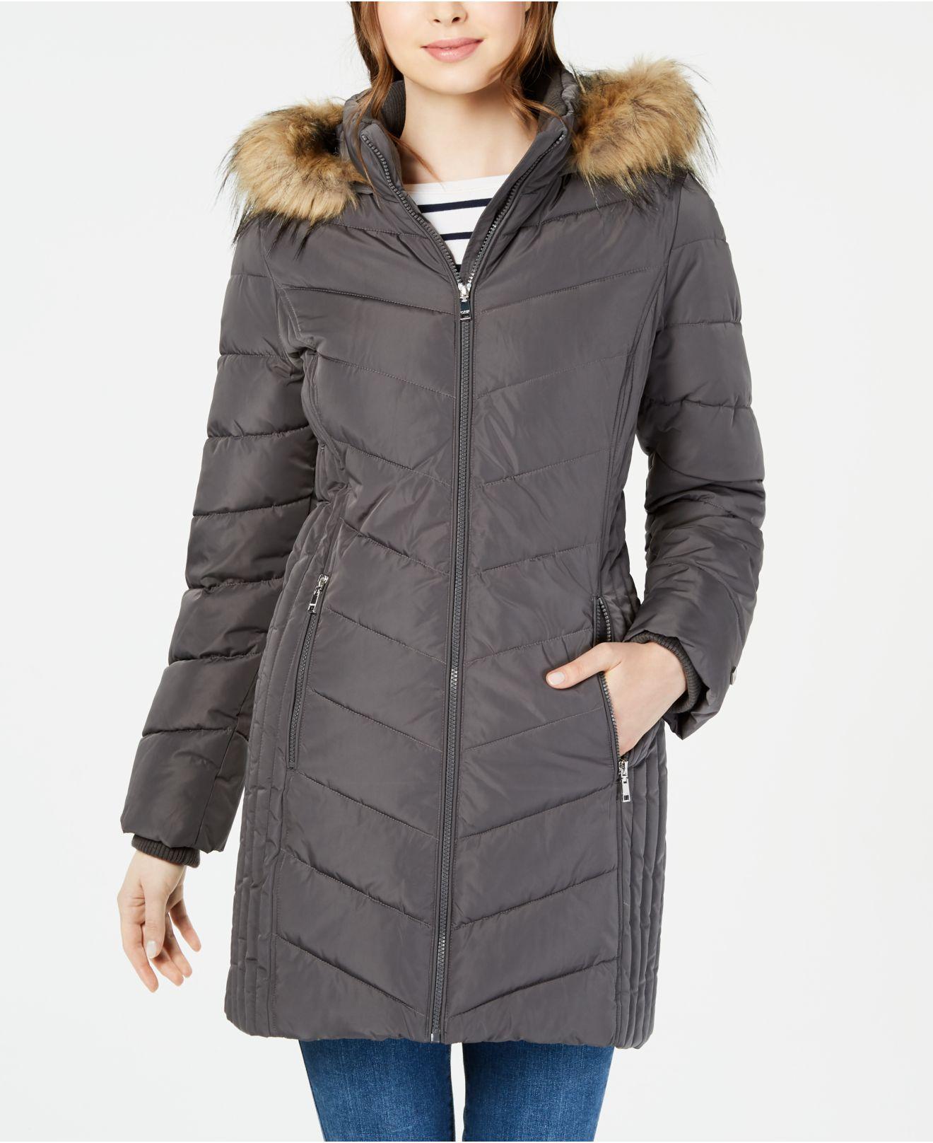 Tommy Hilfiger Chevron Faux-fur Trim Hooded Puffer Coat, Created For Macy's  in Gray | Lyst
