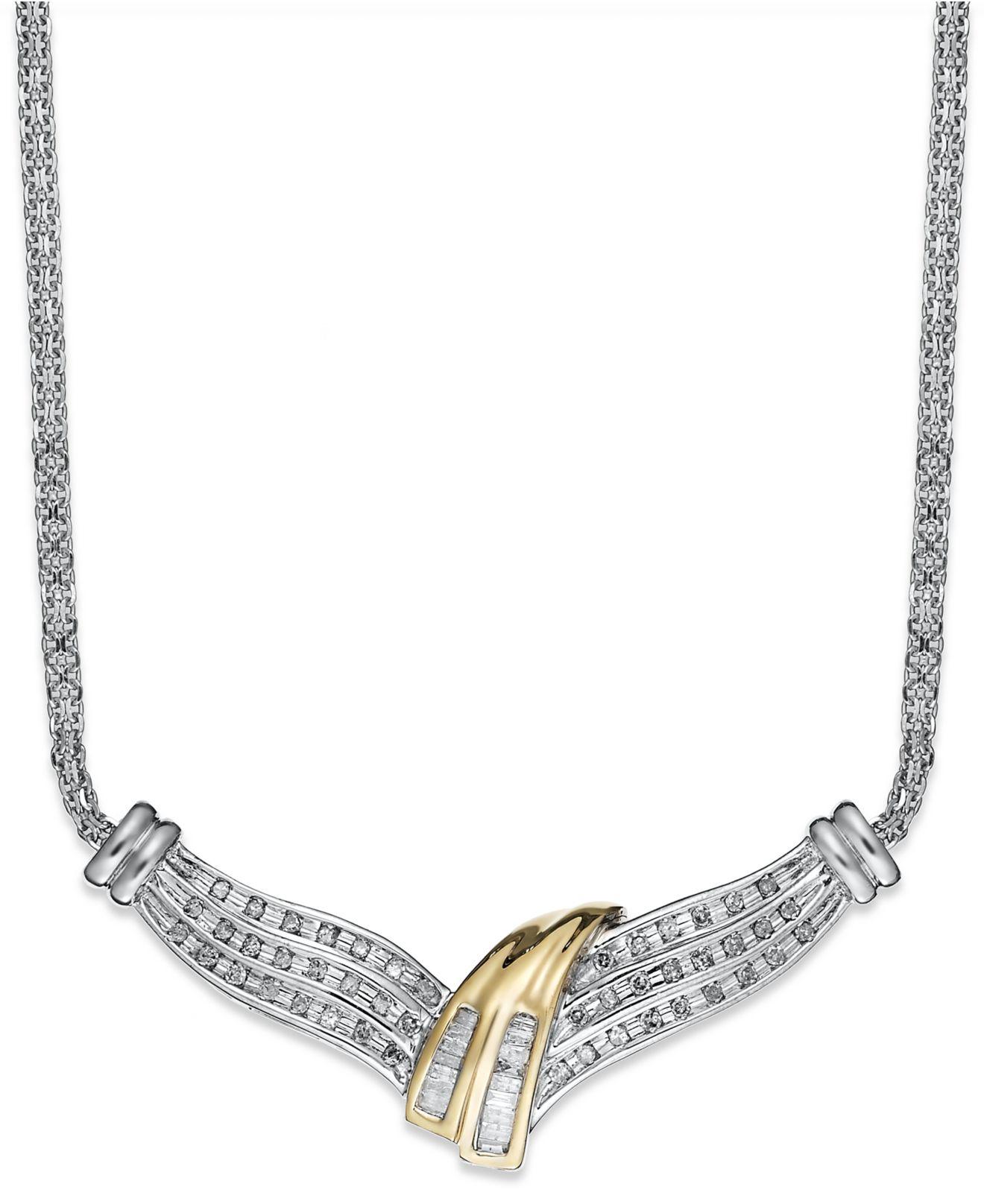 Macy's Diamond Twist Necklace In Sterling Silver And Gold (1/2 Ct. T.w