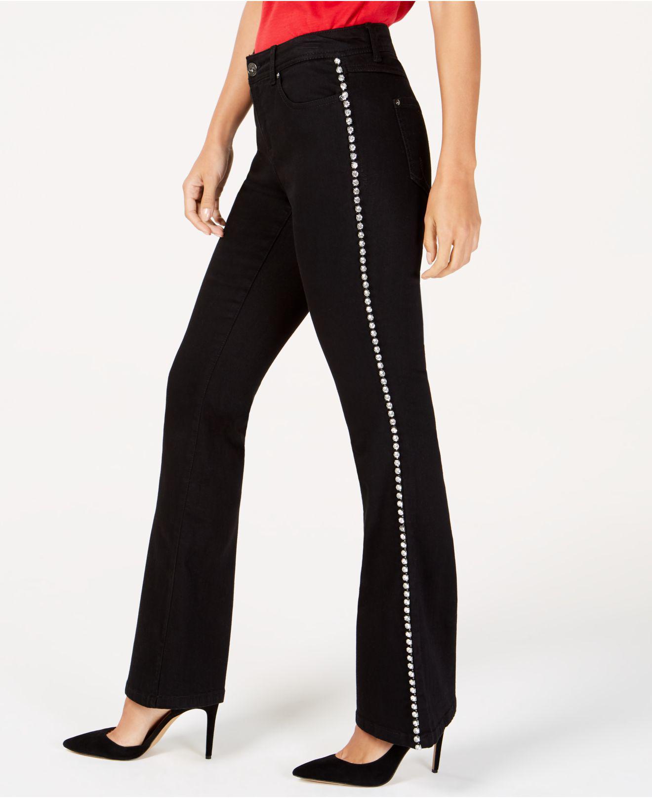 Black Satin Stretch Pants with Rhinestones, Boot Cut Bougie