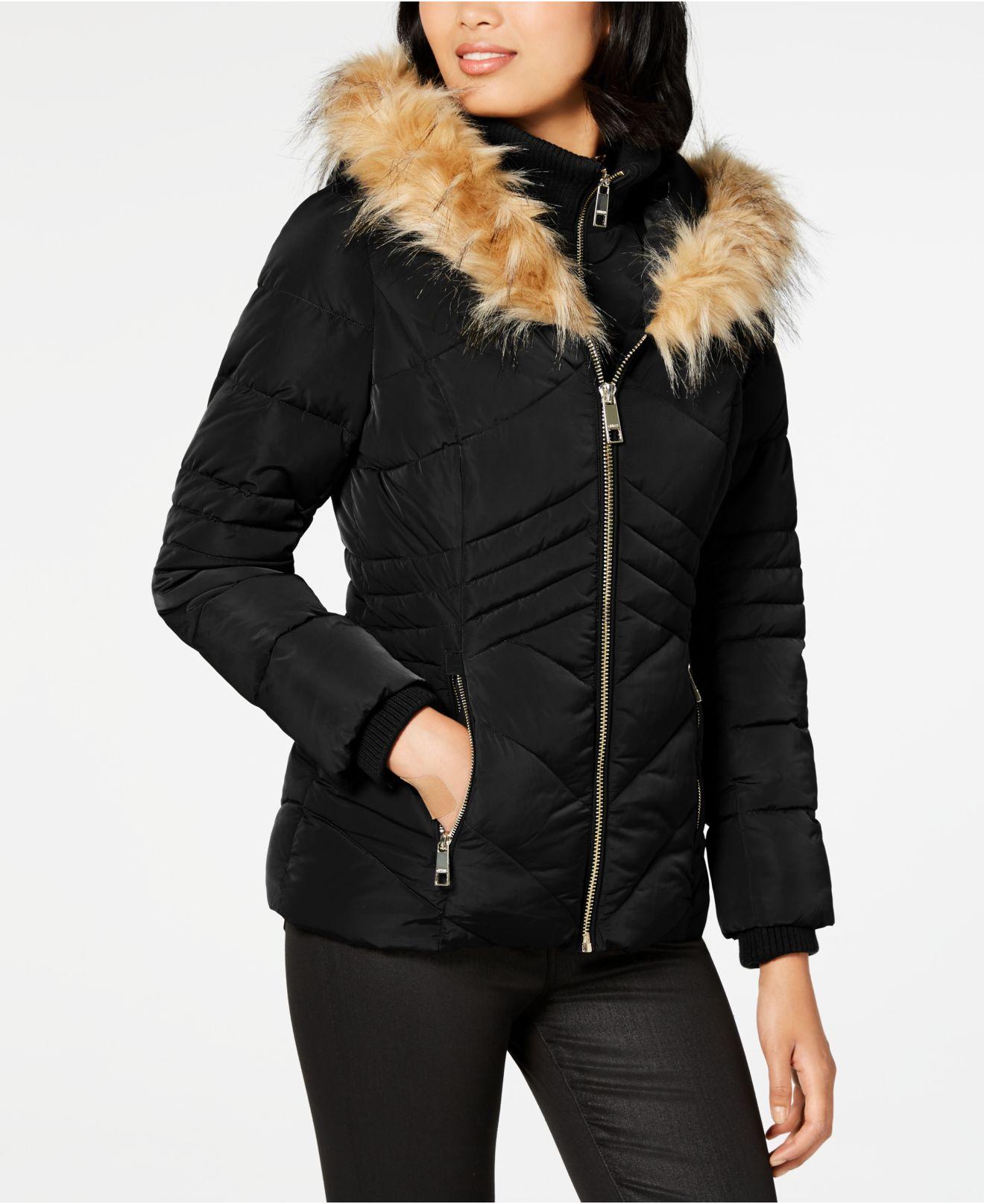 Guess Faux-fur-trim Hooded Puffer Coat, Created For Macy's in Black | Lyst