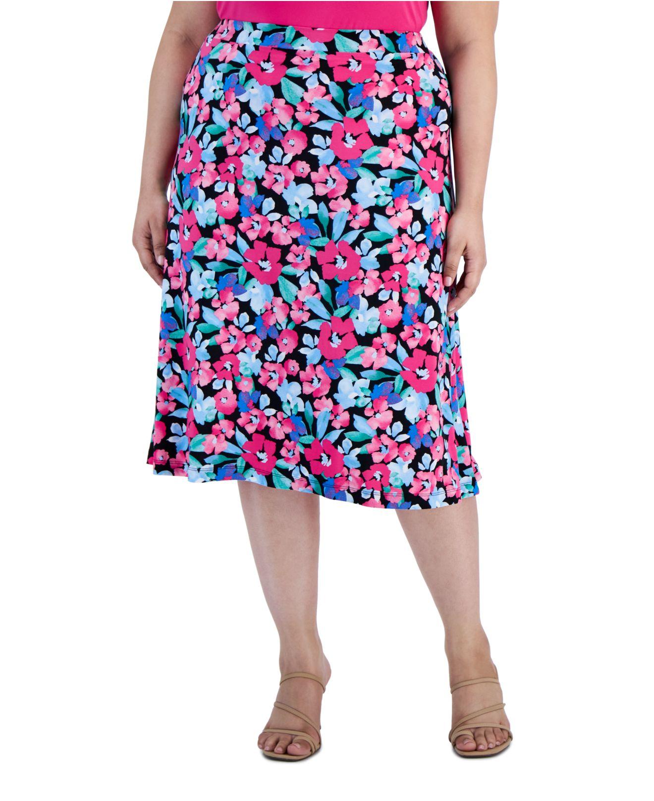 Kasper Plus Size Floral-print Pull-on Flared Midi Skirt in Blue | Lyst