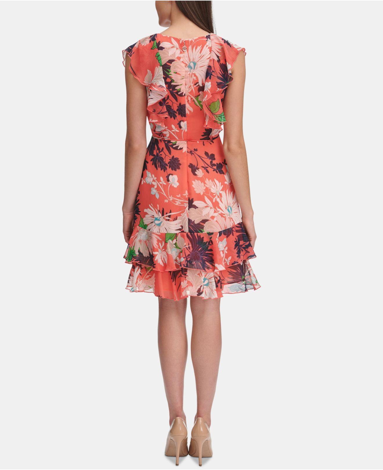 Tommy Hilfiger Petite Floral Chiffon Ruffled Dress - Lyst