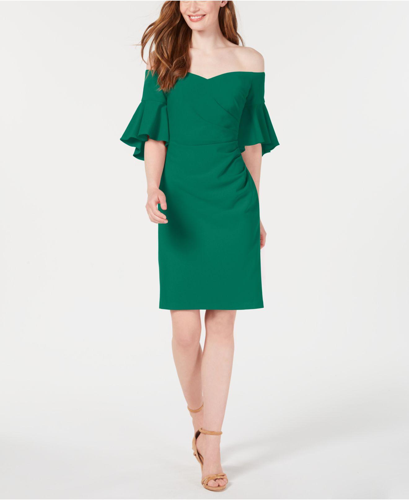 in Dress Klein | Ruched Lyst Sheath Green Calvin Off-the-shoulder