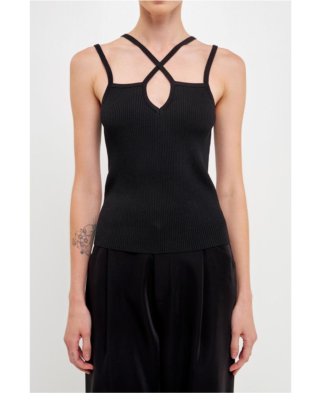 Endless Rose Strap Detail Fitted Knit Top in Black Lyst