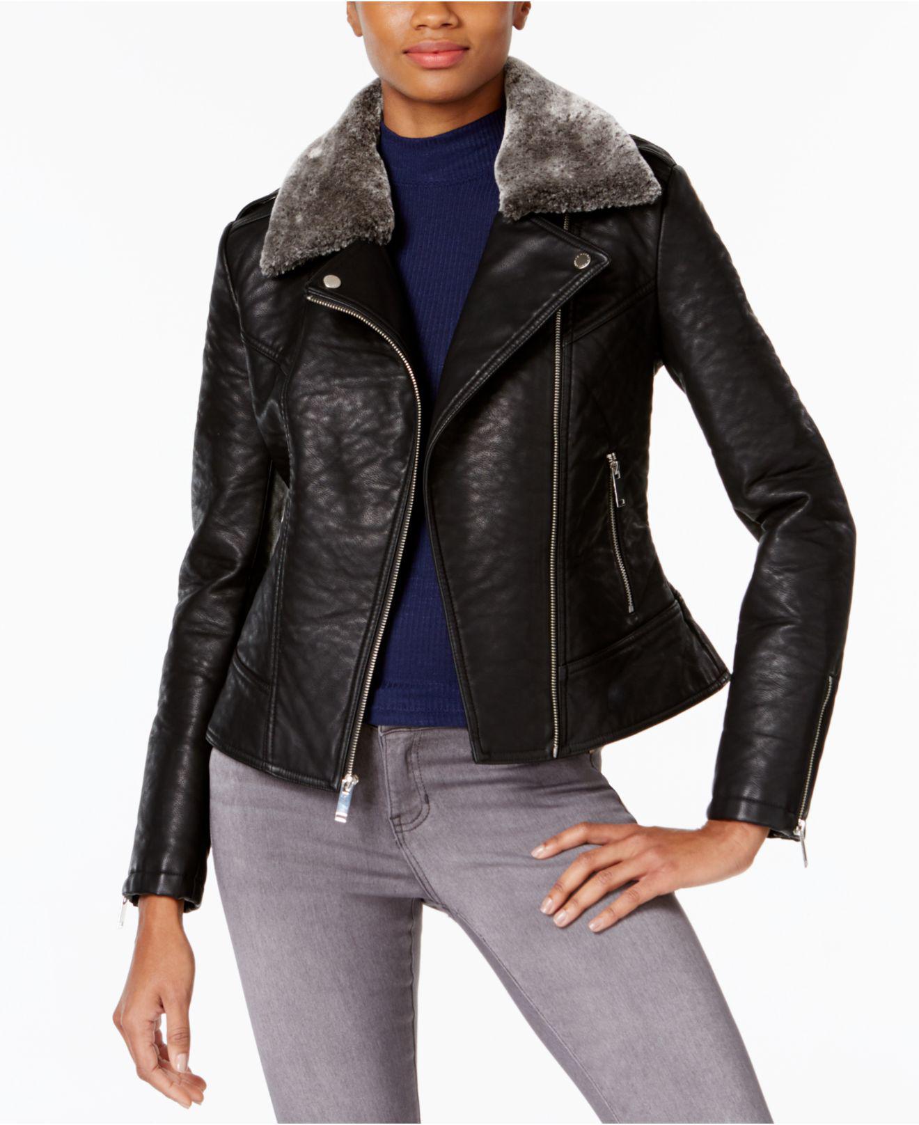 French Connection Faux-fur-trim Faux-leather Moto Jacket in Black - Lyst