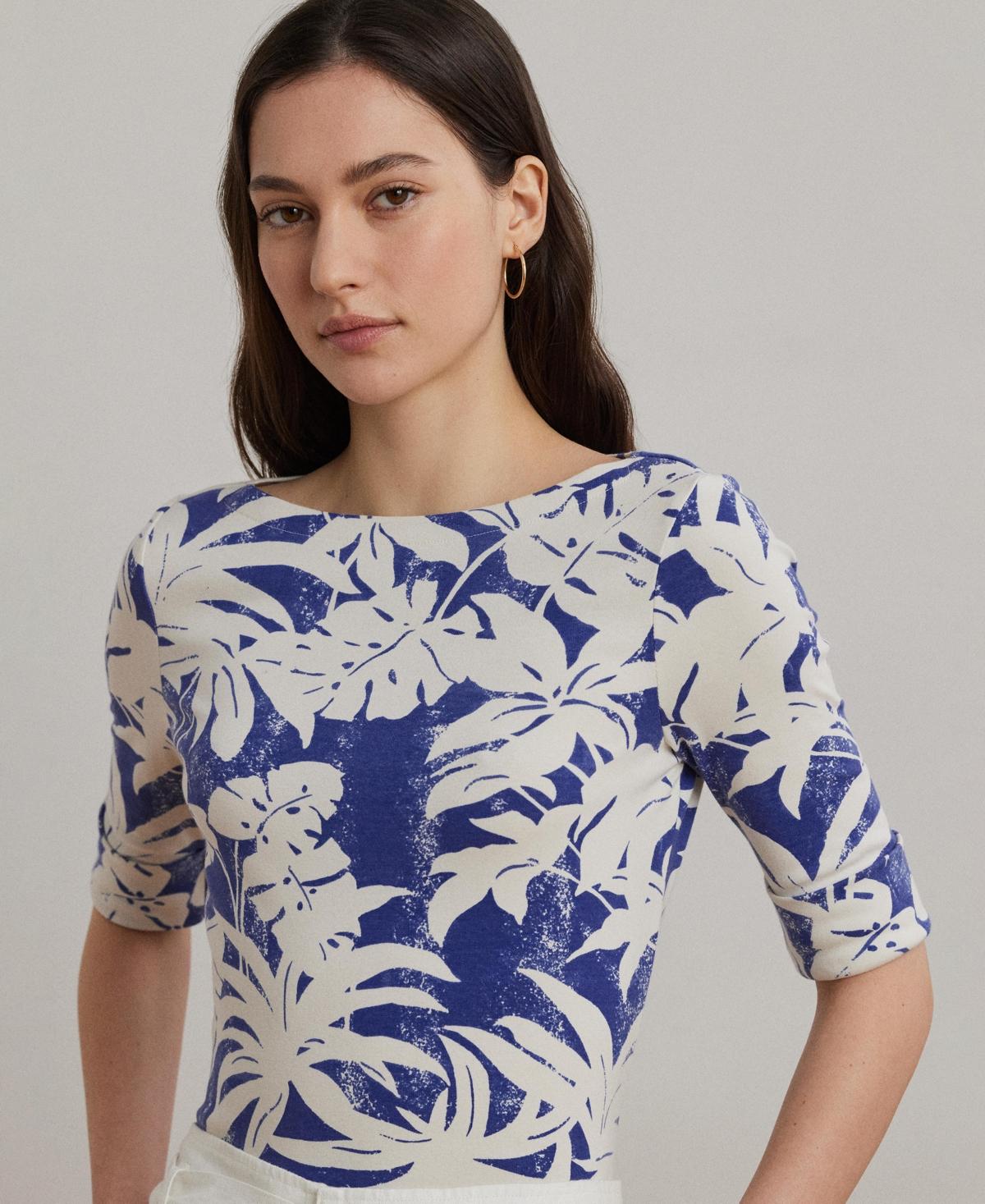 売れ筋商品|||ラルフローレン カットソー トップス レディース Petite Palm-Frond-Print Cotton Boatneck Tee Blue White Ralph Lauren Petite Palm-frond-print Cotton Boatneck Tee in