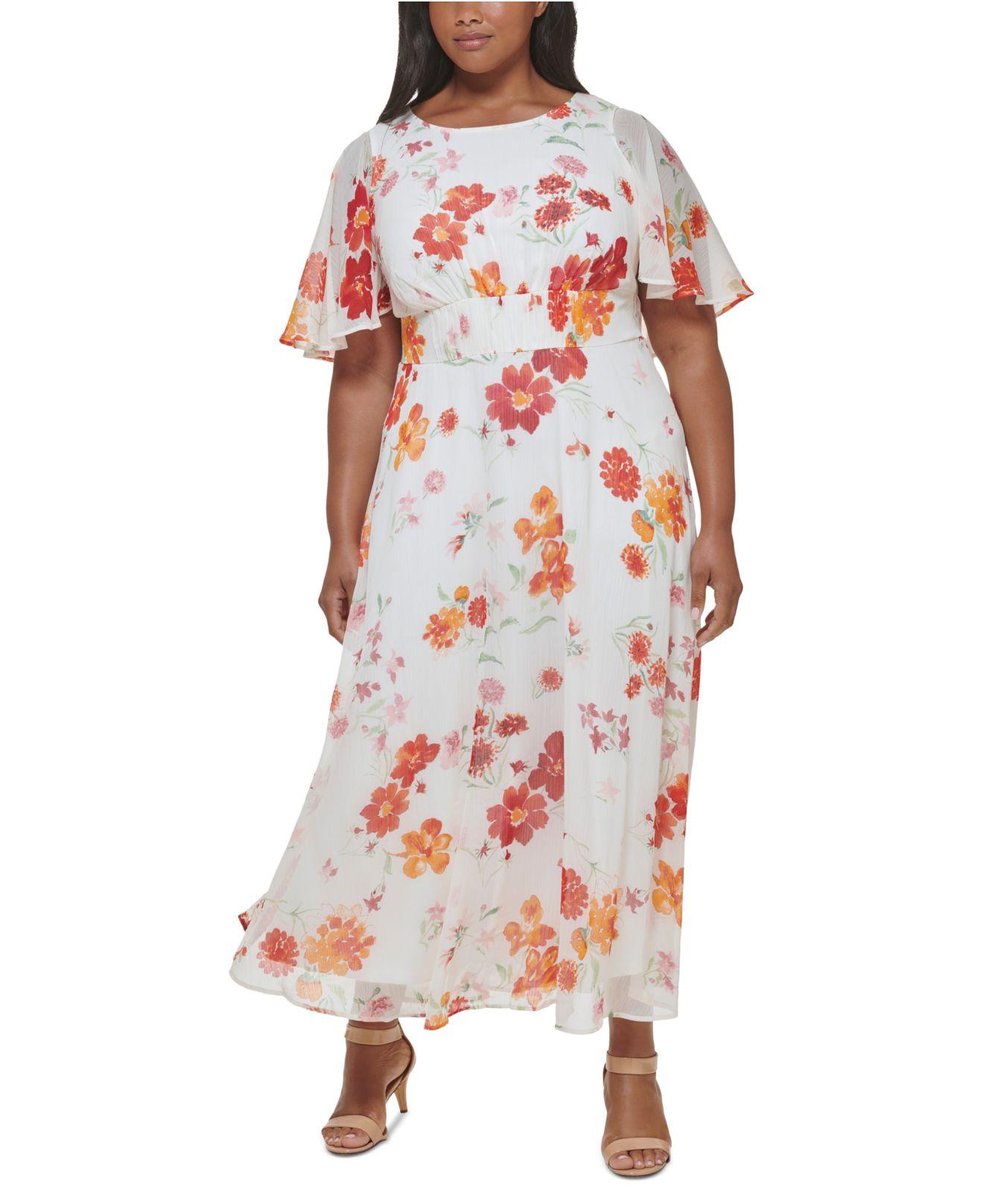 Calvin Klein Plus Size Cape-sleeve Floral Chiffon Dress in Red | Lyst